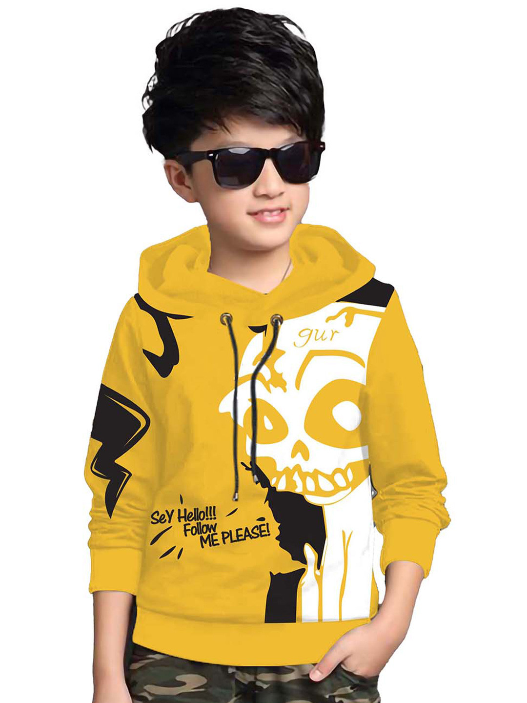 

BAESD Boys Printed Full Sleeve Cotton Hooded T-shirt, Yellow