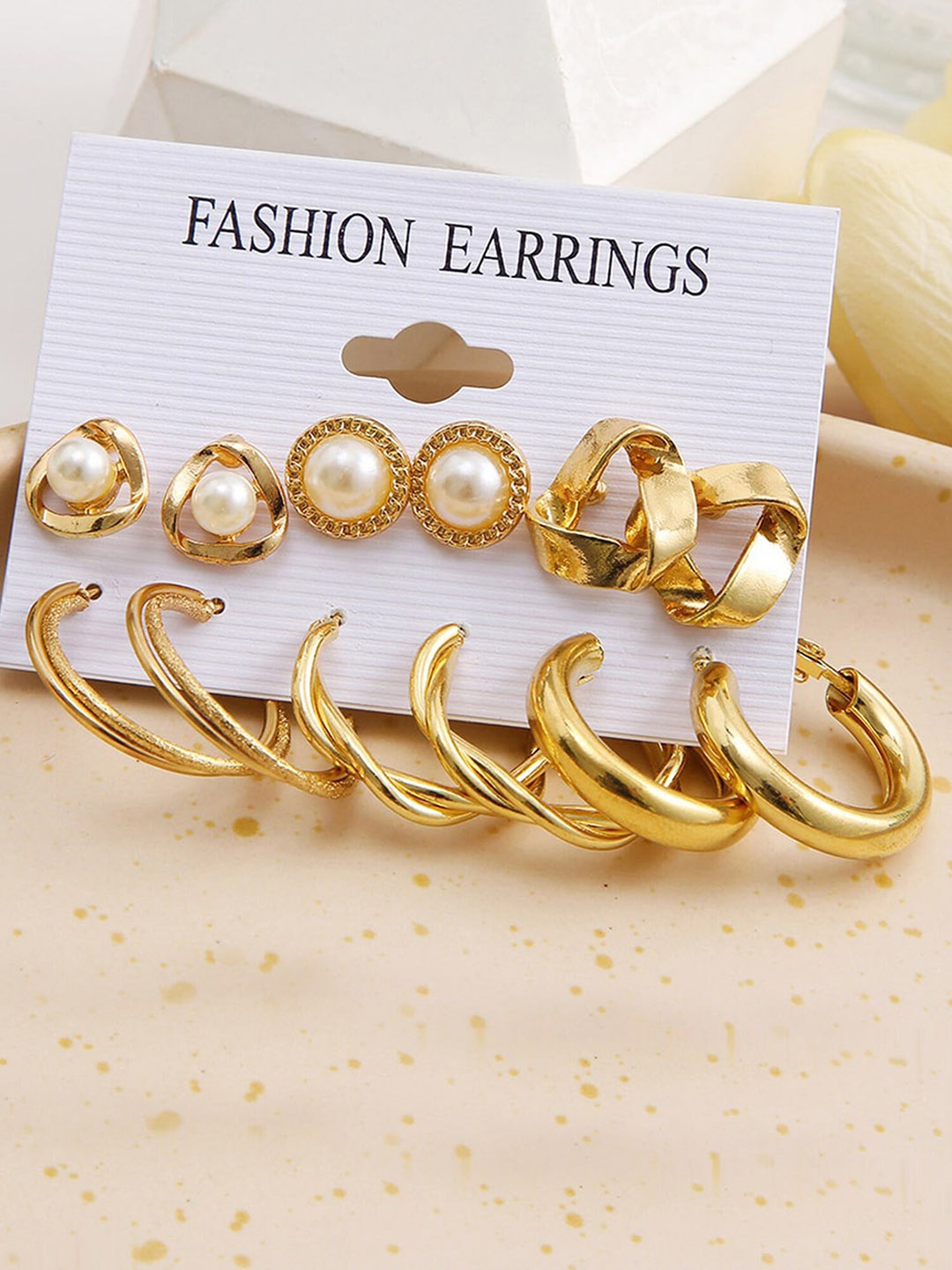 

Bohey by KARATCART Gold Plated Set Of 6 Contemporary Studs & Hoop Earrings