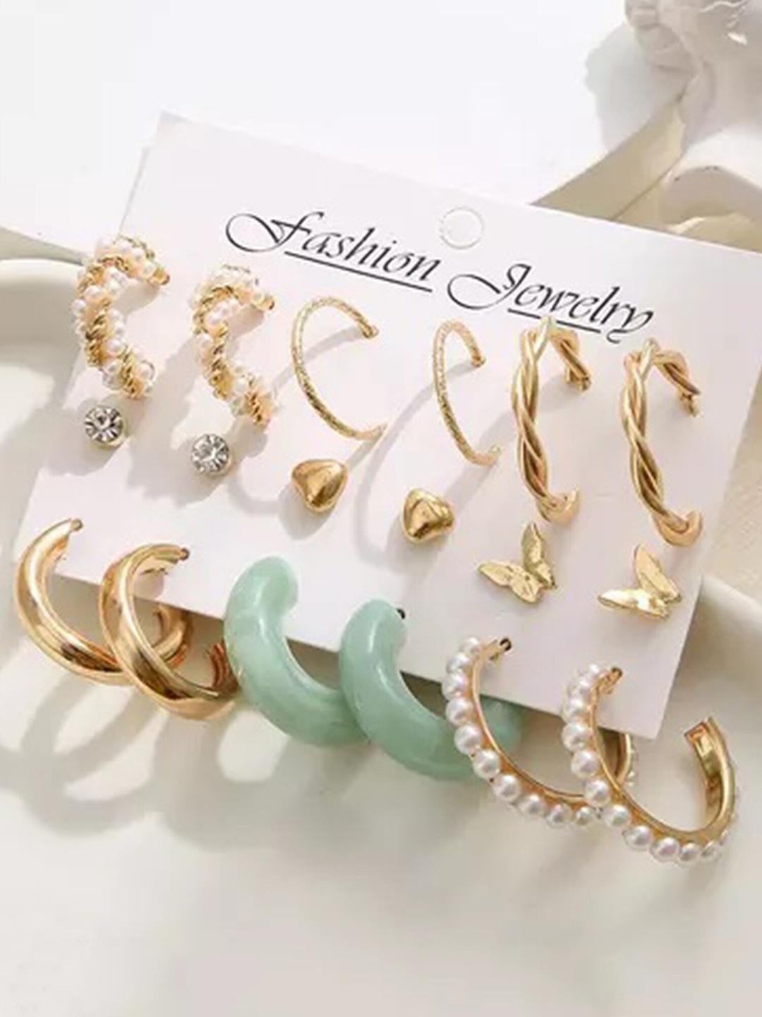 

Bohey by KARATCART Set Of 9 Gold-Plated Contemporary Hoop Earrings