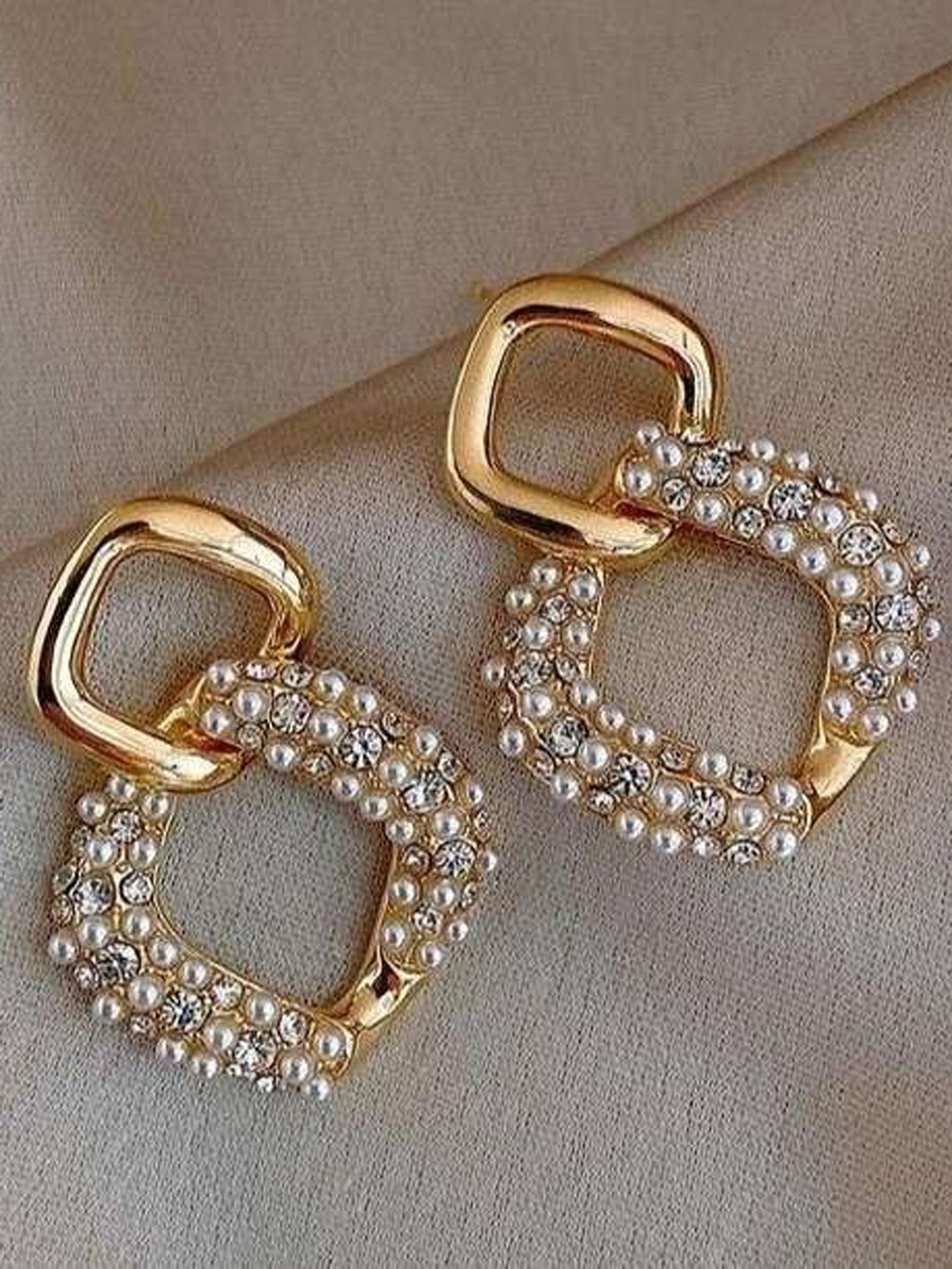 

VIEN Gold-Plated Stones Studded & Beads Beaded Contemporary Drop Earrings