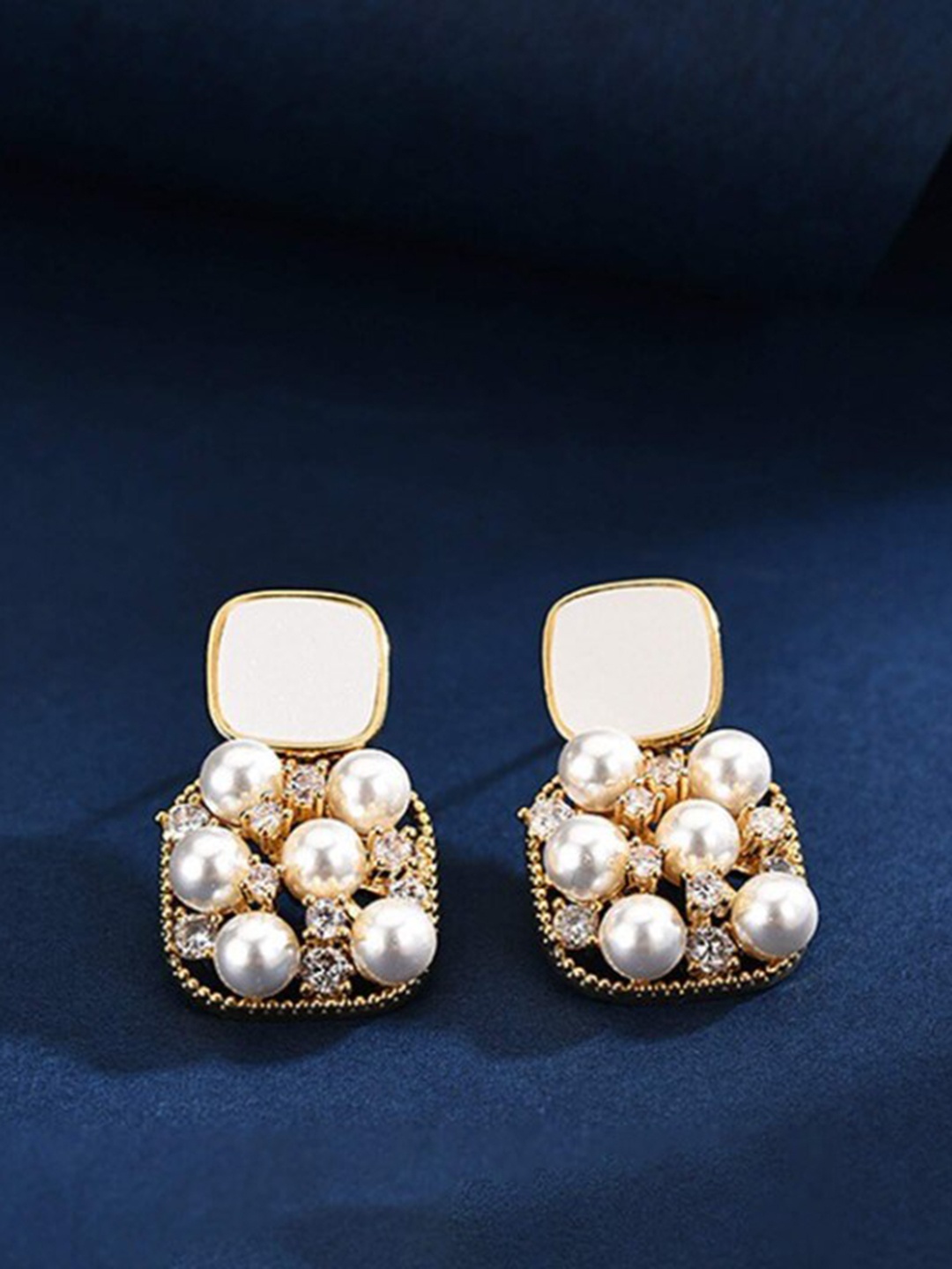 

VIEN Gold-Plated Stones Studded & Beads Beaded Square Studs Earrings