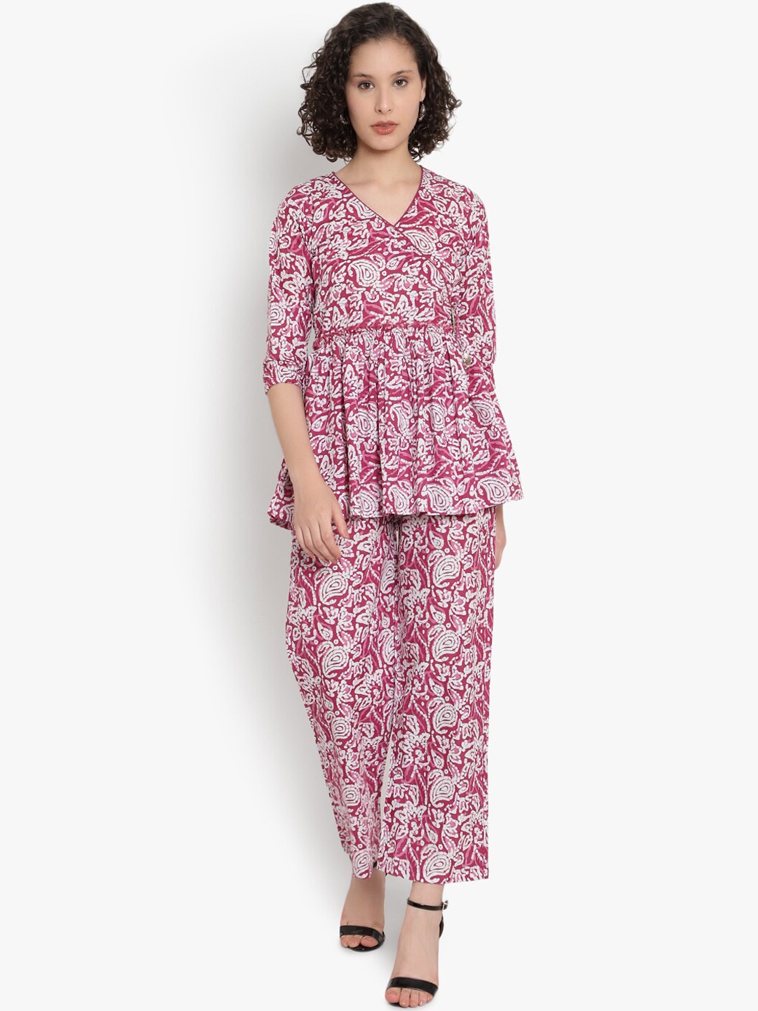 

Indietoga Printed V-Neck Pure Cotton Tunic & Trousers Co-Ords, Pink