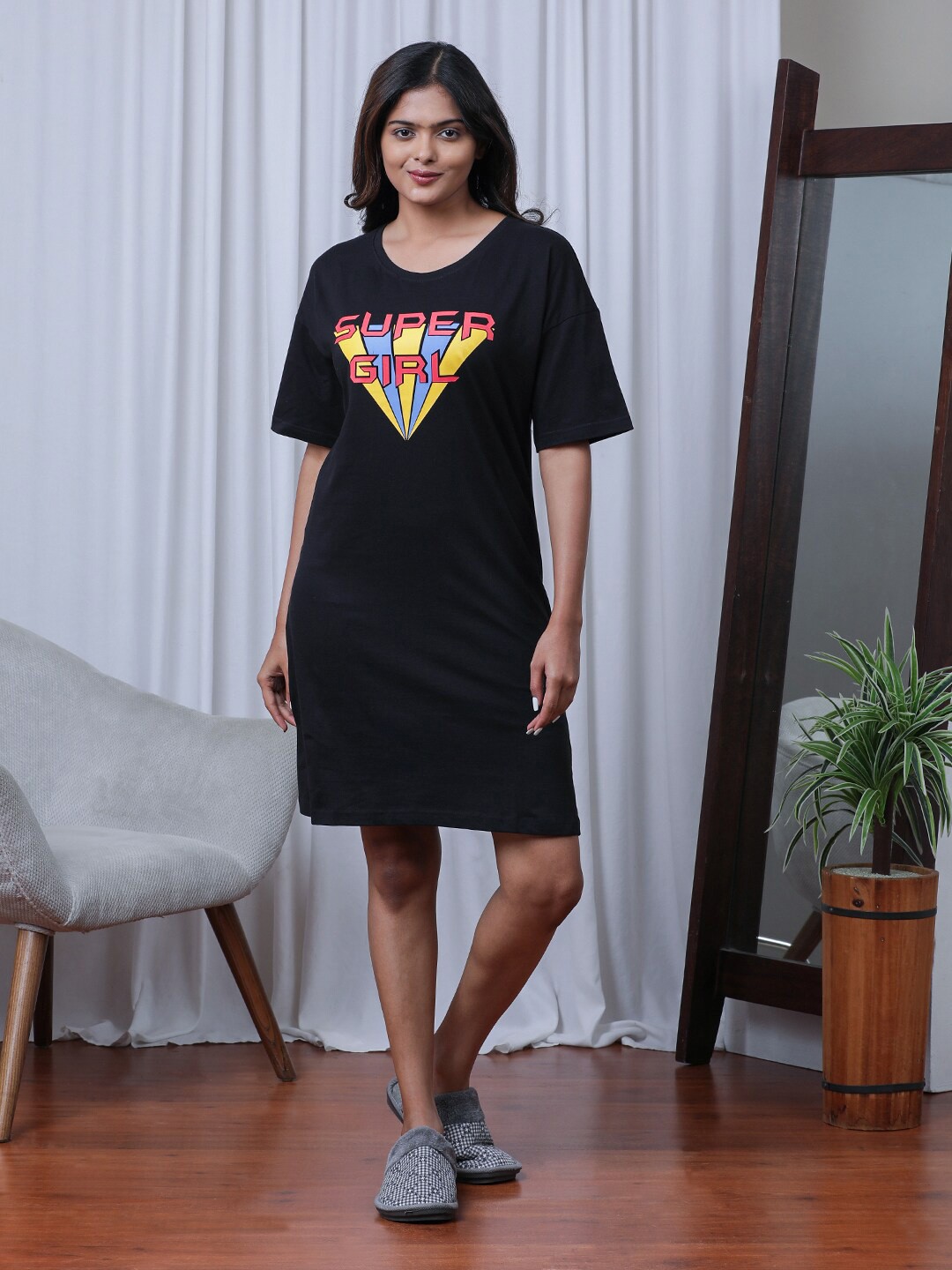 

Slumber Jill Printed Pure Cotton T-shirt Nightdress, Black