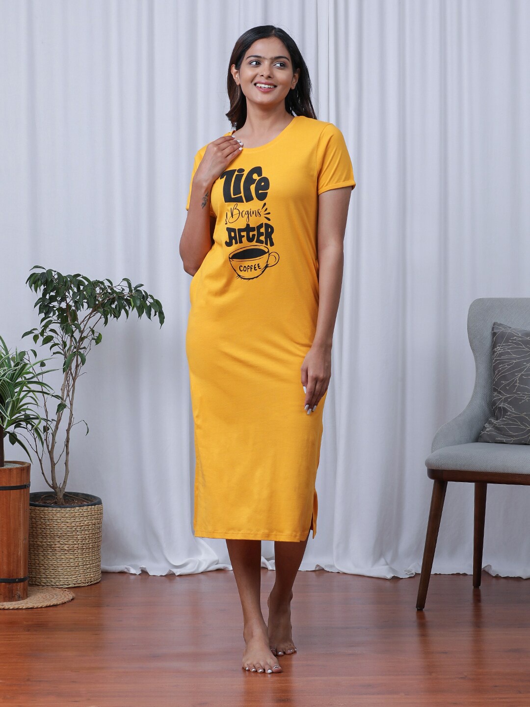 

Slumber Jill Printed Pure Cotton T-shirt Nightdress, Yellow