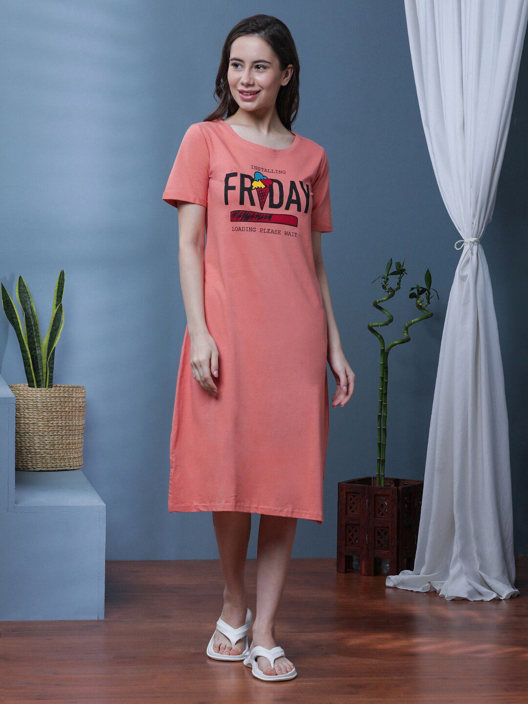 

Slumber Jill Printed Pure Cotton T-shirt Nightdress, Peach