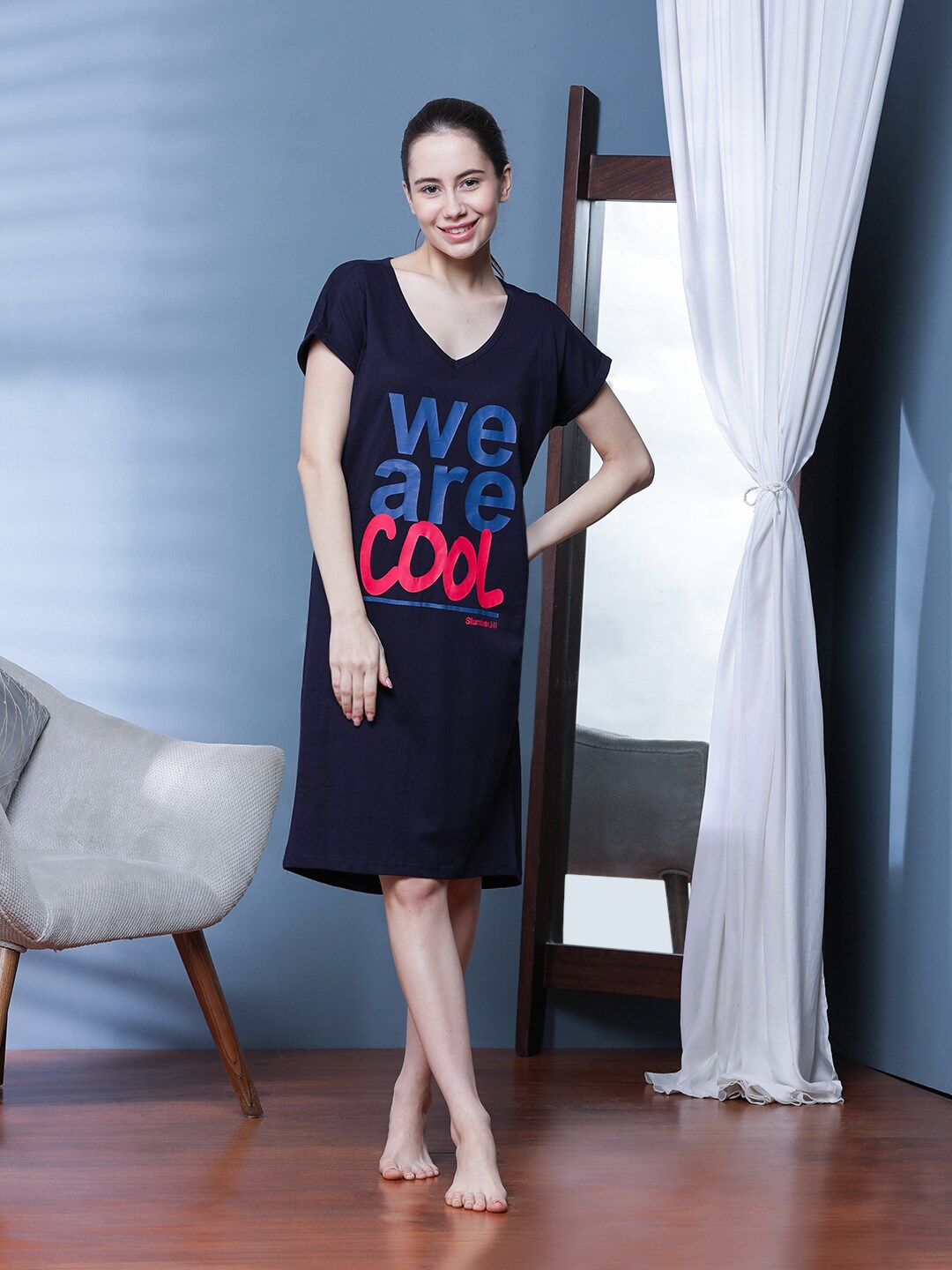 

Slumber Jill Printed Pure Cotton T-shirt Nightdress, Navy blue