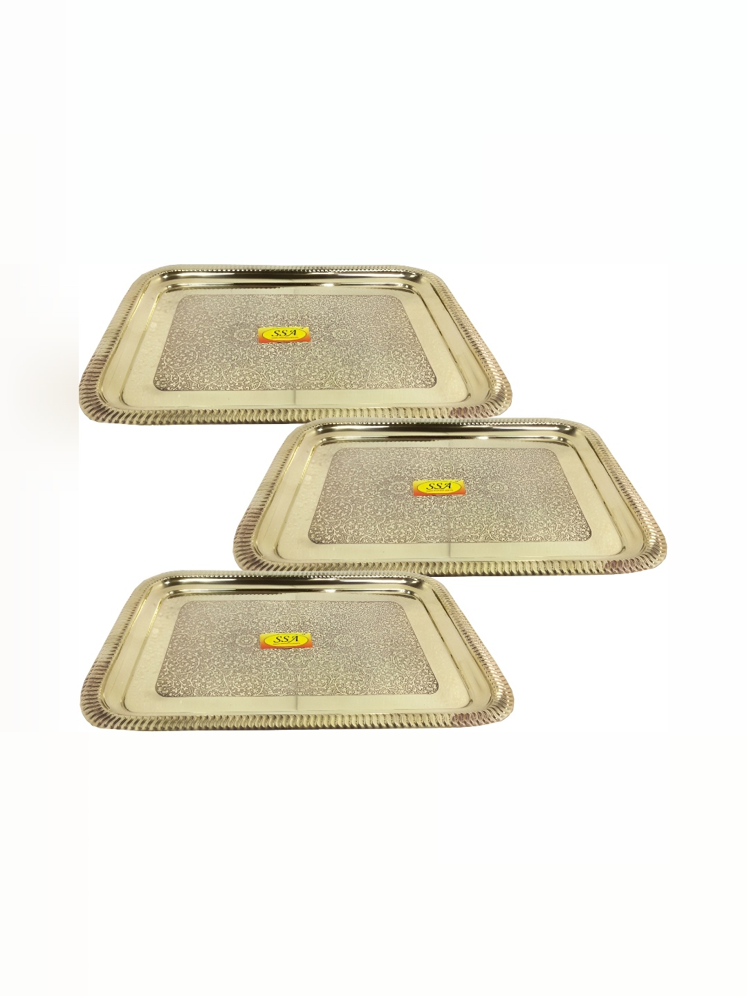 

Shivshakti Arts Ethnic Motifs Yellow 3 Pieces Rectangular Brass Tray