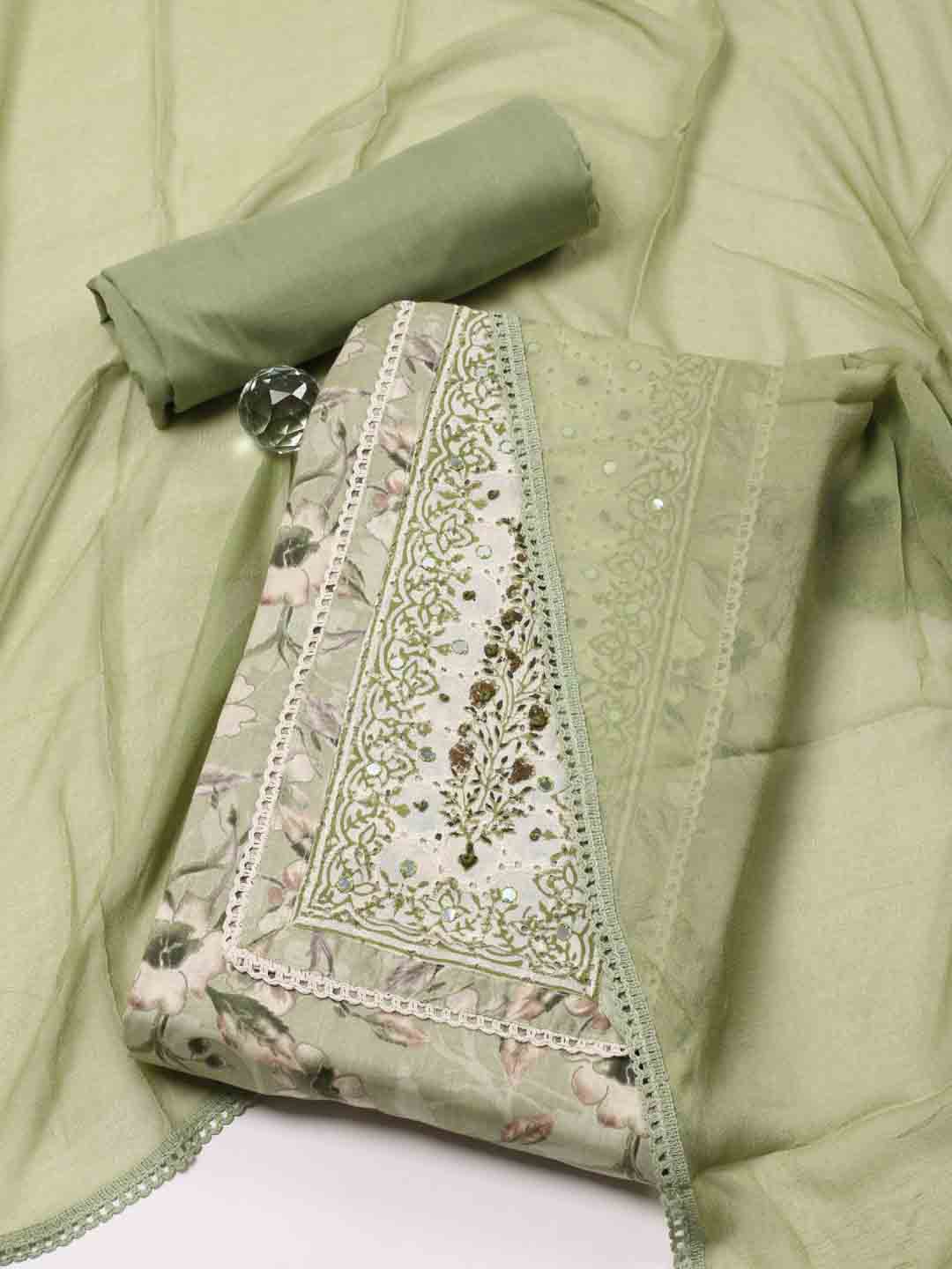 

Meena Bazaar Floral Printed Mirror Work Unstitched Dress Material, Green