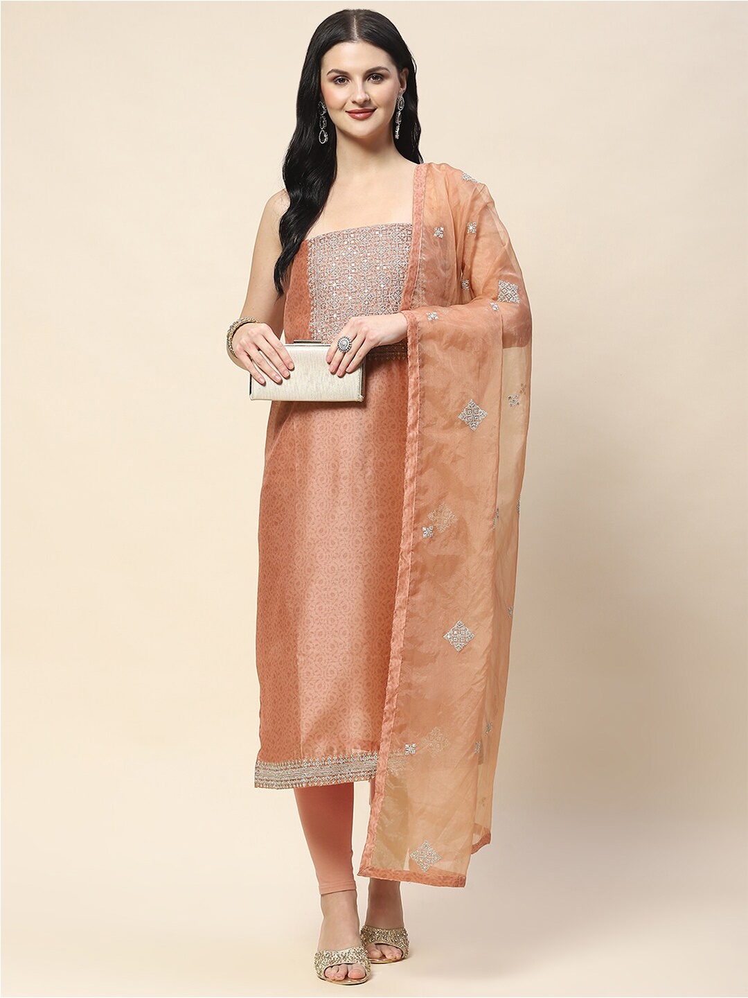 

Meena Bazaar Printed Chanderi Unstitched Dress Material, Peach