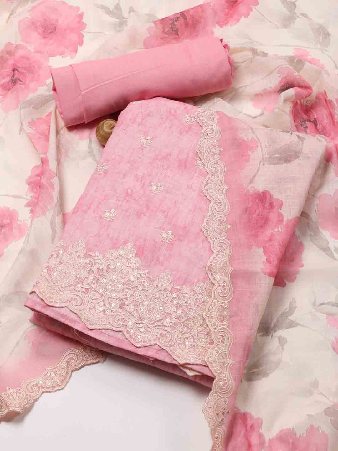 

Meena Bazaar Ethnic Motifs Embroidered Thread Work Detail Linen Unstitched Dress Material, Pink