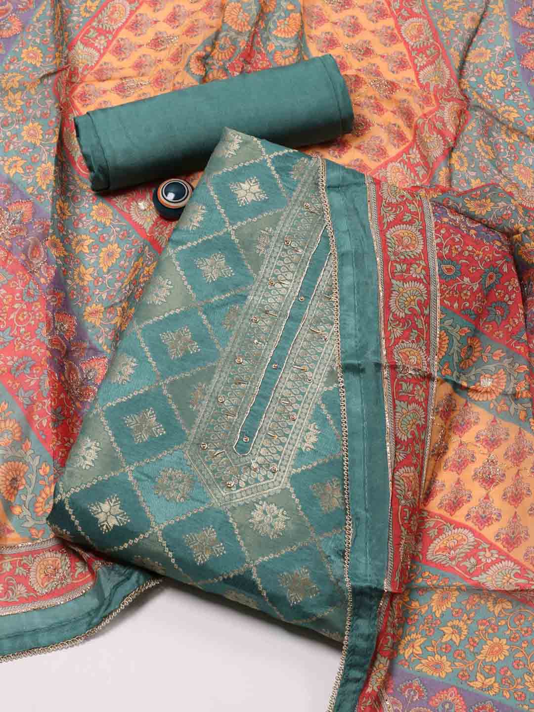

Meena Bazaar Woven Design Chanderi Unstitched Dress Material, Sea green
