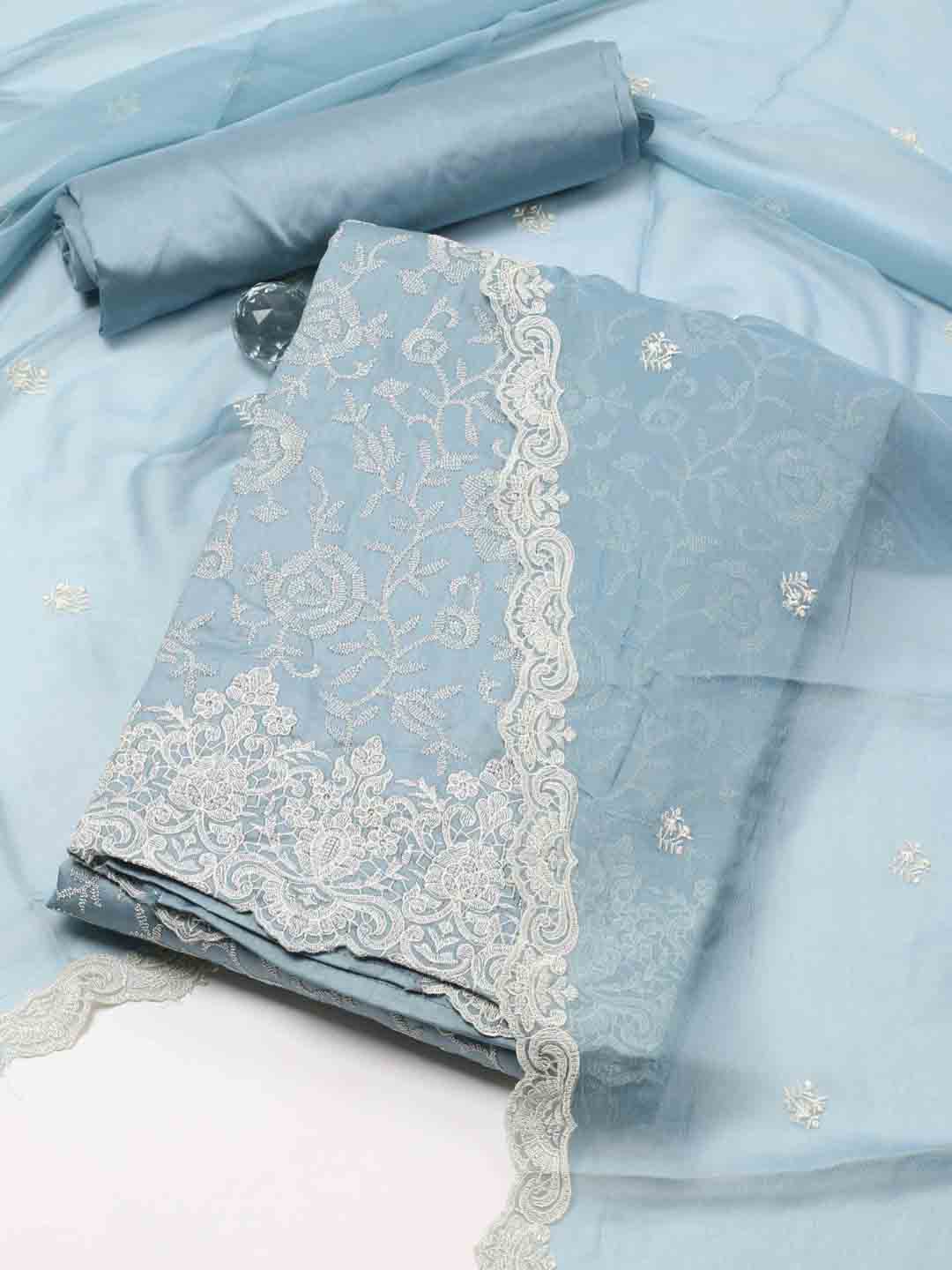 

Meena Bazaar Floral Embroidered Unstitched Dress Material, Blue