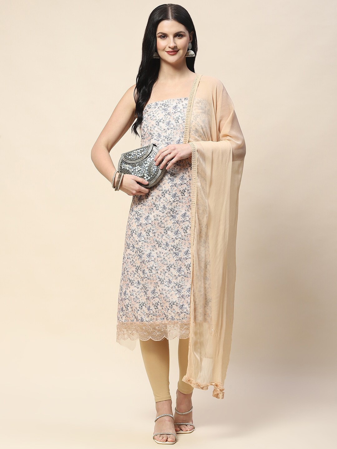

Meena Bazaar Printed Unstitched Dress Material, Peach
