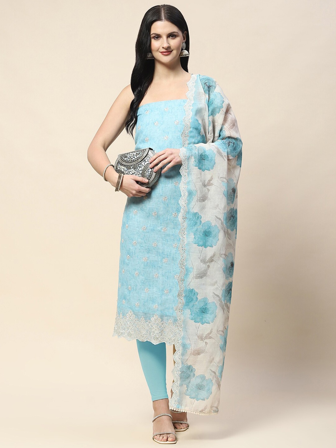 

Meena Bazaar Printed Linen Unstitched Dress Material, Blue