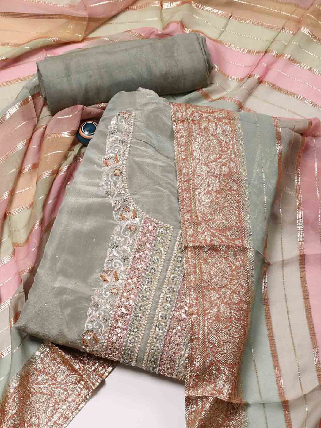 

Meena Bazaar Floral Embroidered Sequinned Unstitched Dress Material, Grey