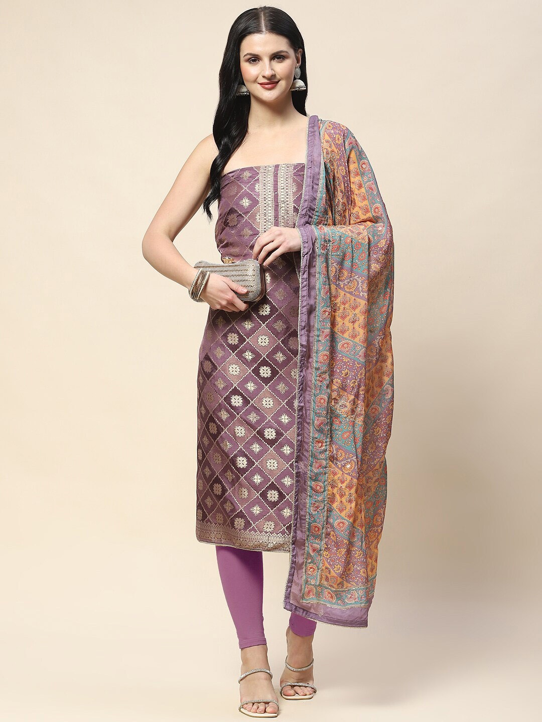 

Meena Bazaar Floral Woven Design Sequinned Art Silk Unstitched Dress Material, Purple