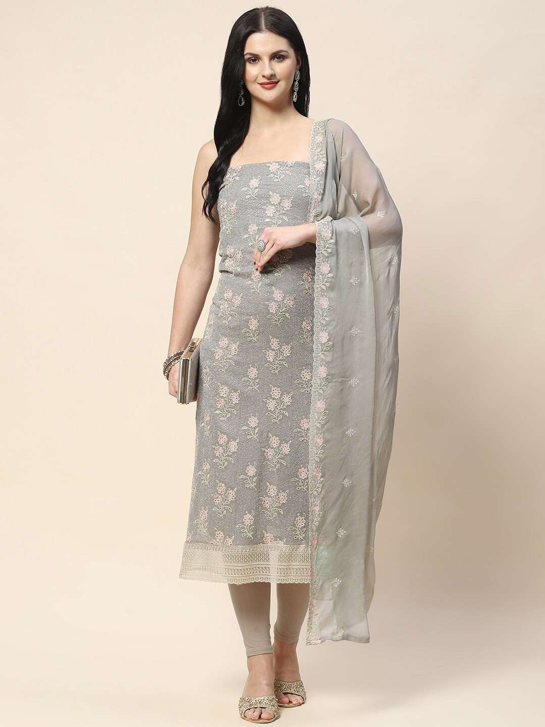 

Meena Bazaar Embroidered Chiffon Unstitched Dress Material, Grey