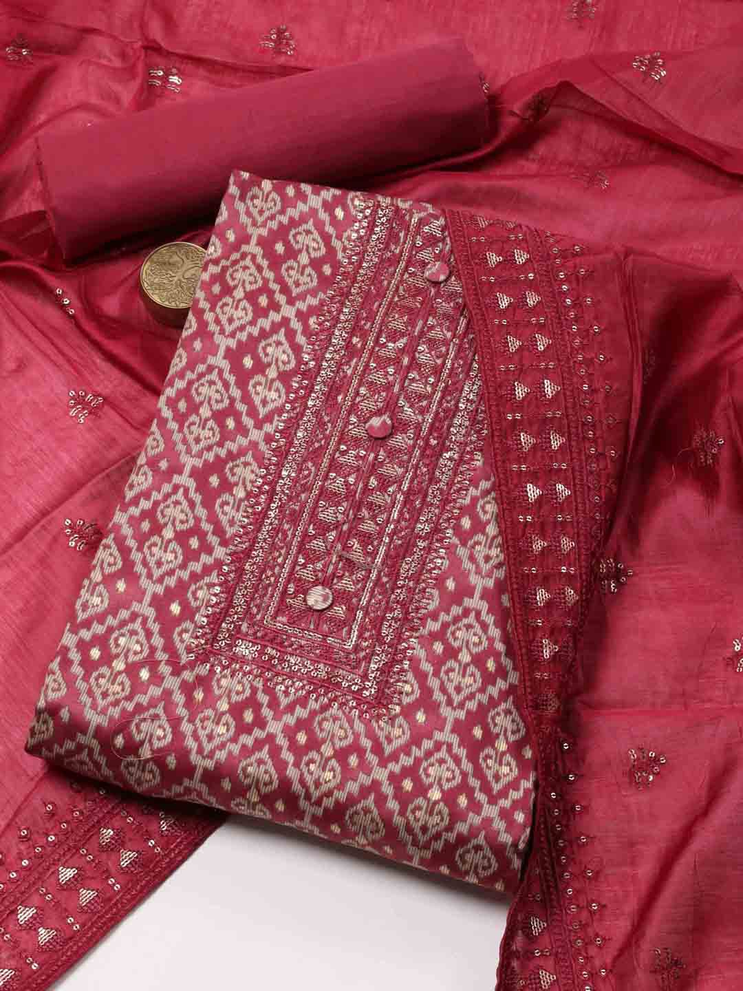 

Meena Bazaar Ethnic Motifs Woven Design Sequinned Detailed Unstitched Dress Material, Burgundy