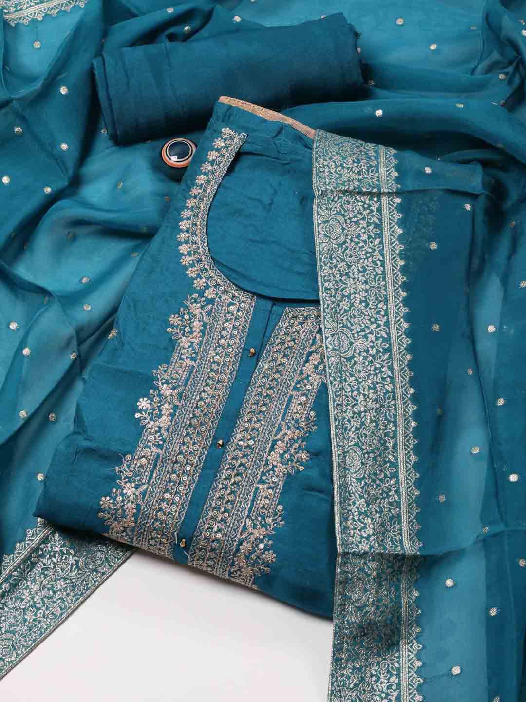 

Meena Bazaar Woven Design Chanderi Unstitched Dress Material, Teal
