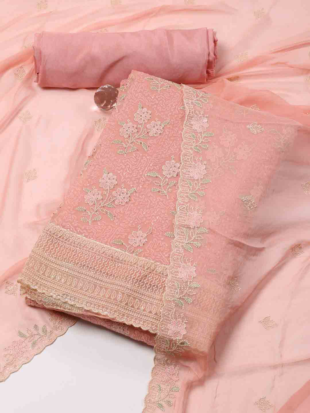 

Meena Bazaar Floral Embroidered Sequinned Unstitched Dress Material, Peach