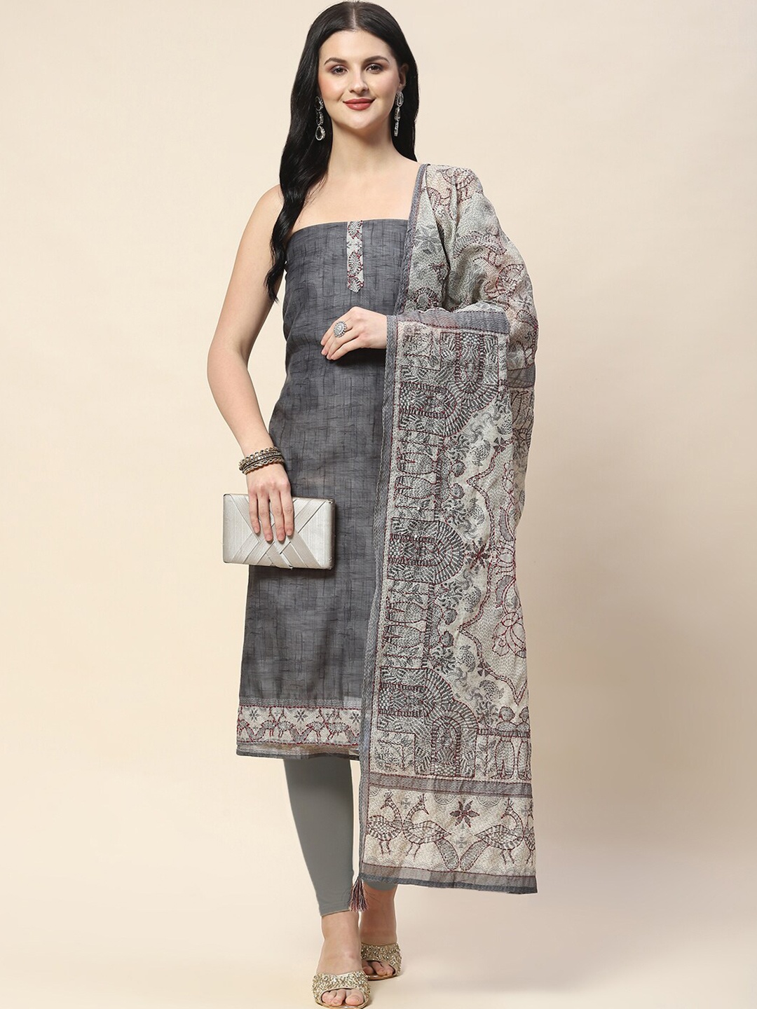 

Meena Bazaar Printed Chanderi Unstitched Dress Material, Grey