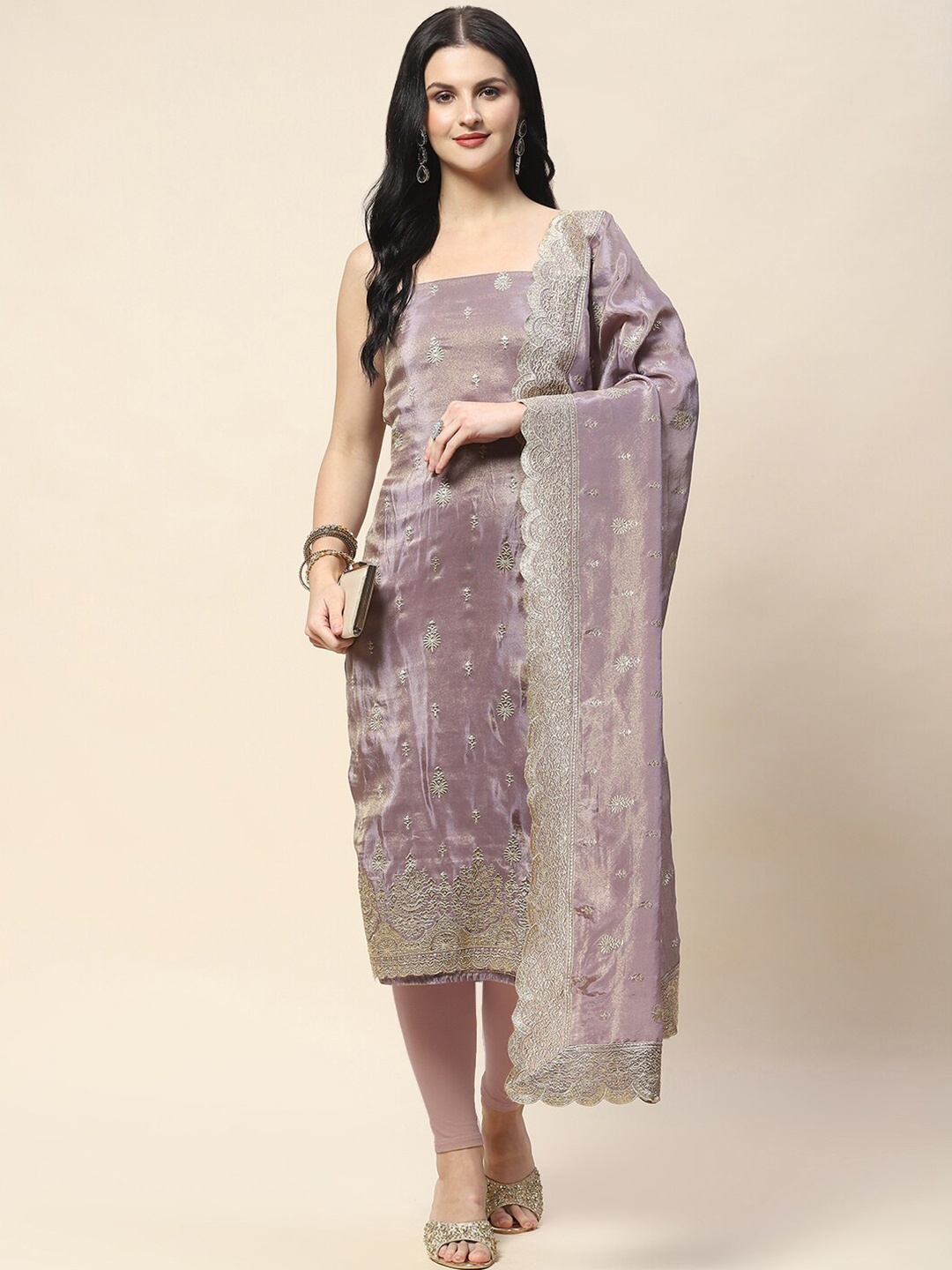 

Meena Bazaar Ethnic Motifs Embroidered Thread Work Organza Unstitched Dress Material, Purple
