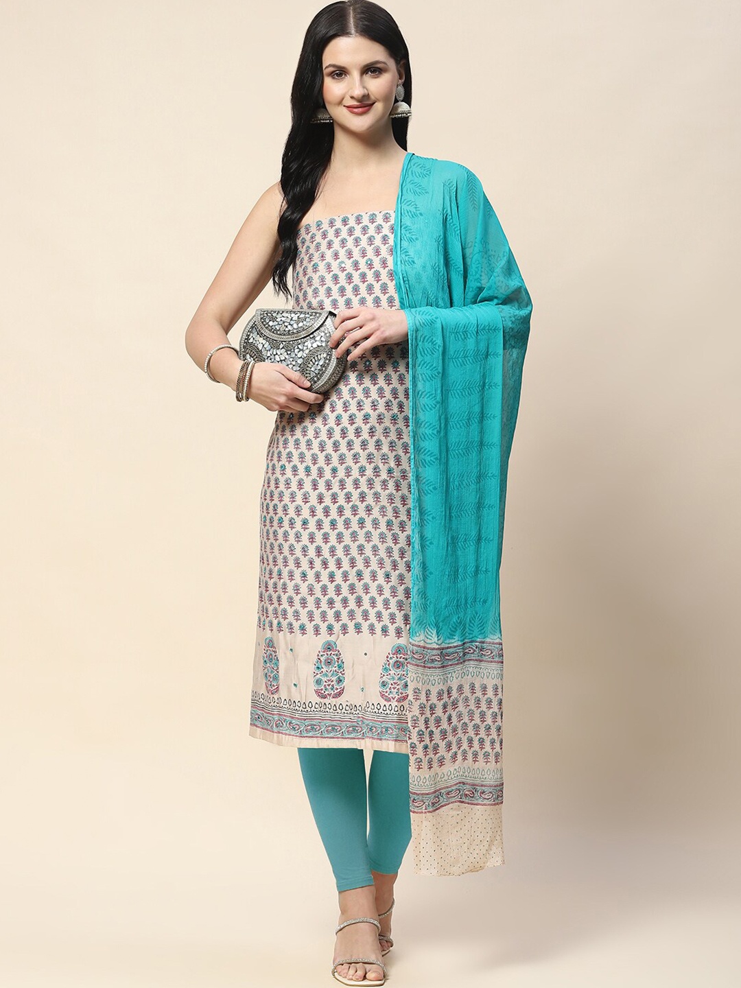 

Meena Bazaar Floral Printed Mirror Work Unstitched Dress Material, Beige