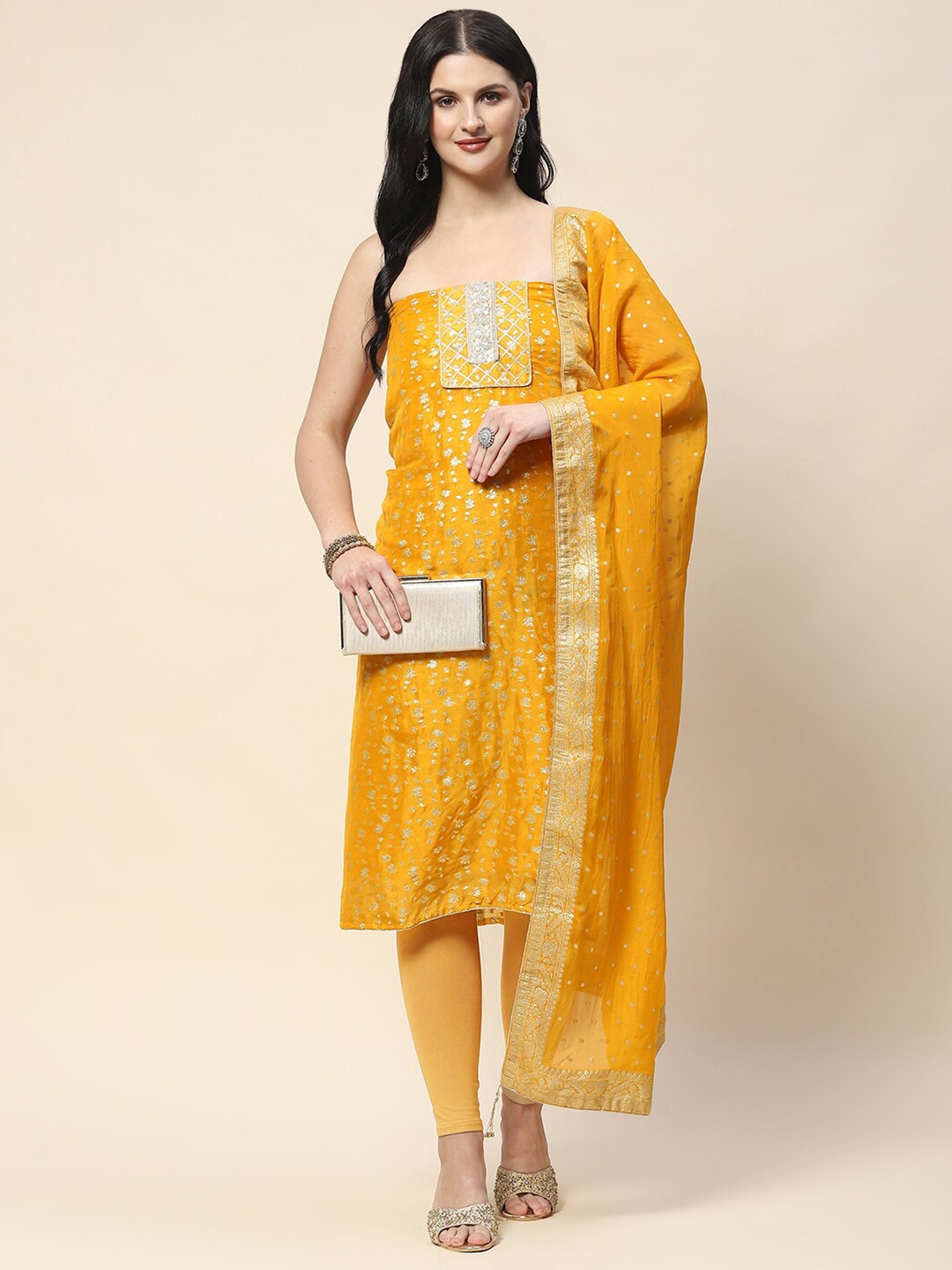 

Meena Bazaar Floral Woven Design Zari Art Silk Unstitched Dress Material, Yellow