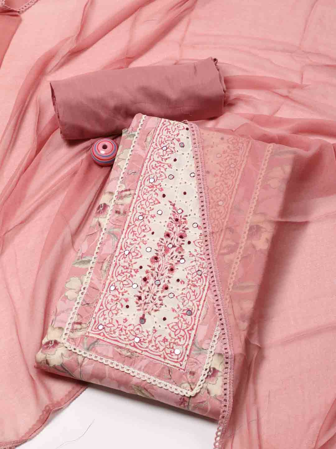

Meena Bazaar Floral Printed Mirror Work Detailed Unstitched Dress Material, Mauve