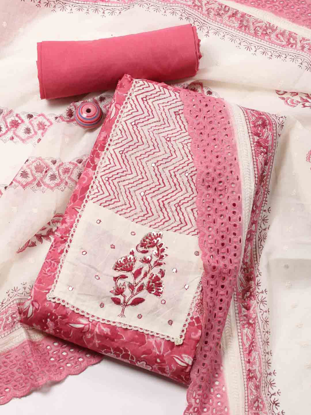 

Meena Bazaar Floral Printed Mirror Work Unstitched Dress Material, Pink