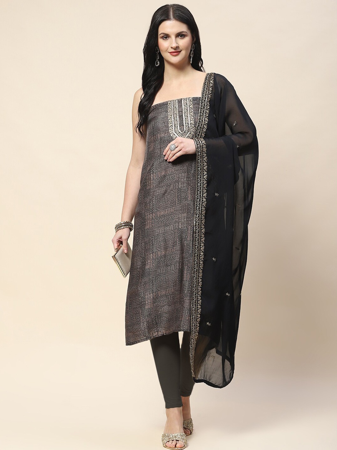 

Meena Bazaar Printed Unstitched Dress Material, Black