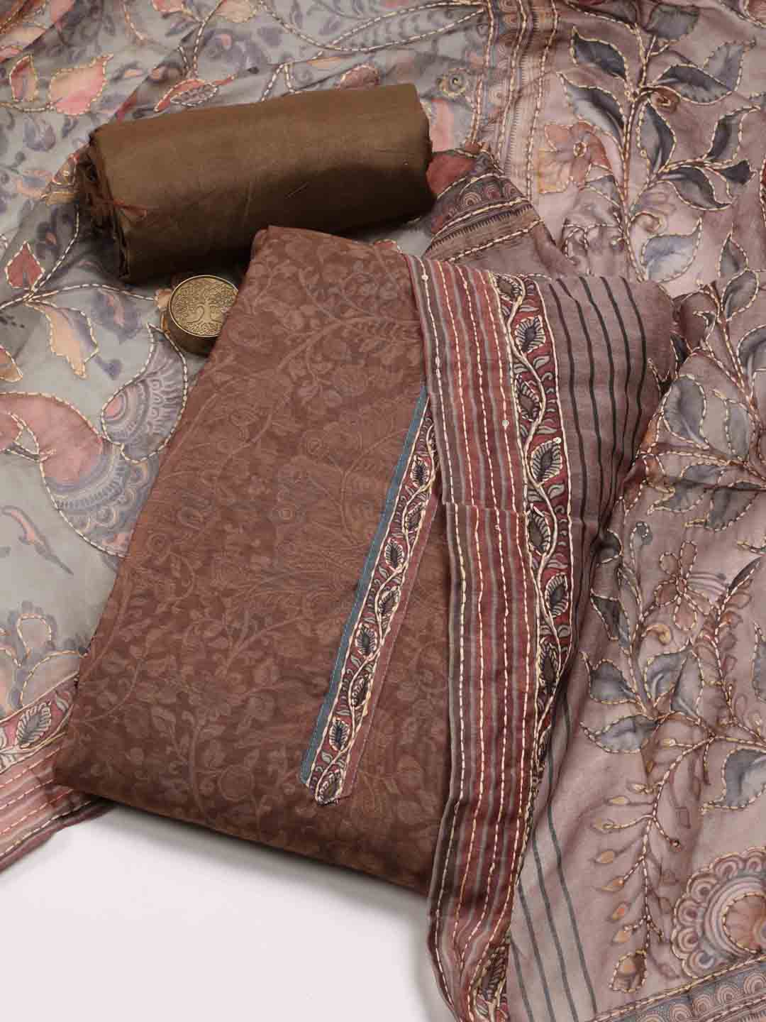 

Meena Bazaar Floral Printed Thread Work Detailed Chanderi Silk Unstitched Dress Material, Brown