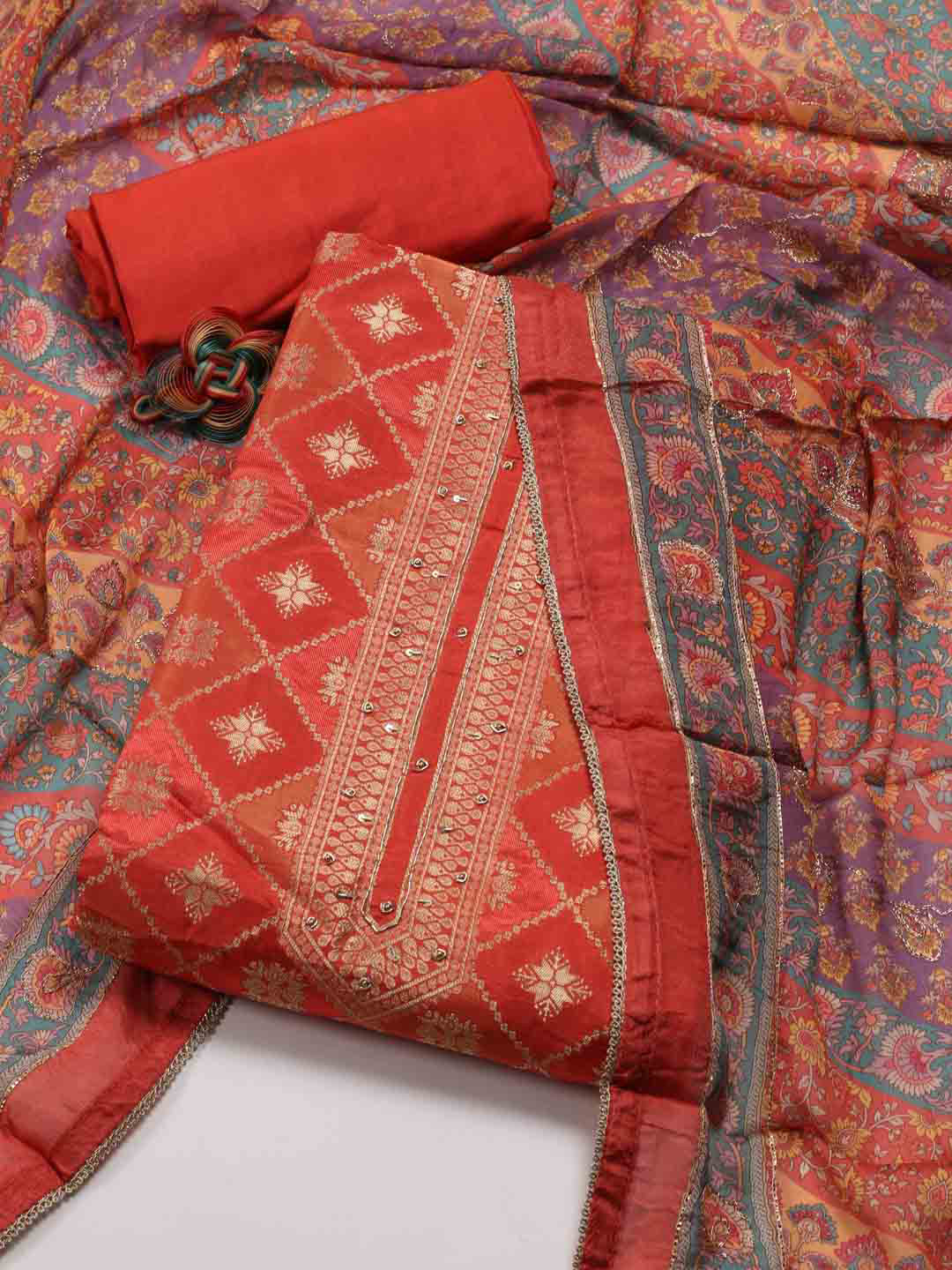 

Meena Bazaar Woven Design Chanderi Unstitched Dress Material, Coral