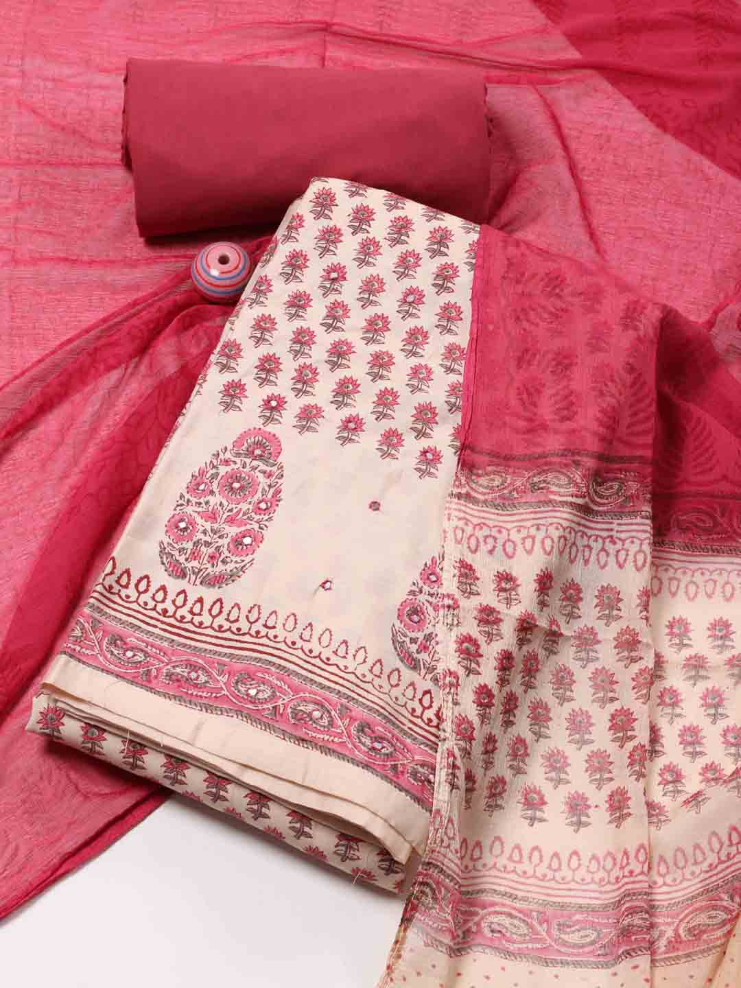 

Meena Bazaar Floral Printed Mirror Work Unstitched Dress Material, Beige