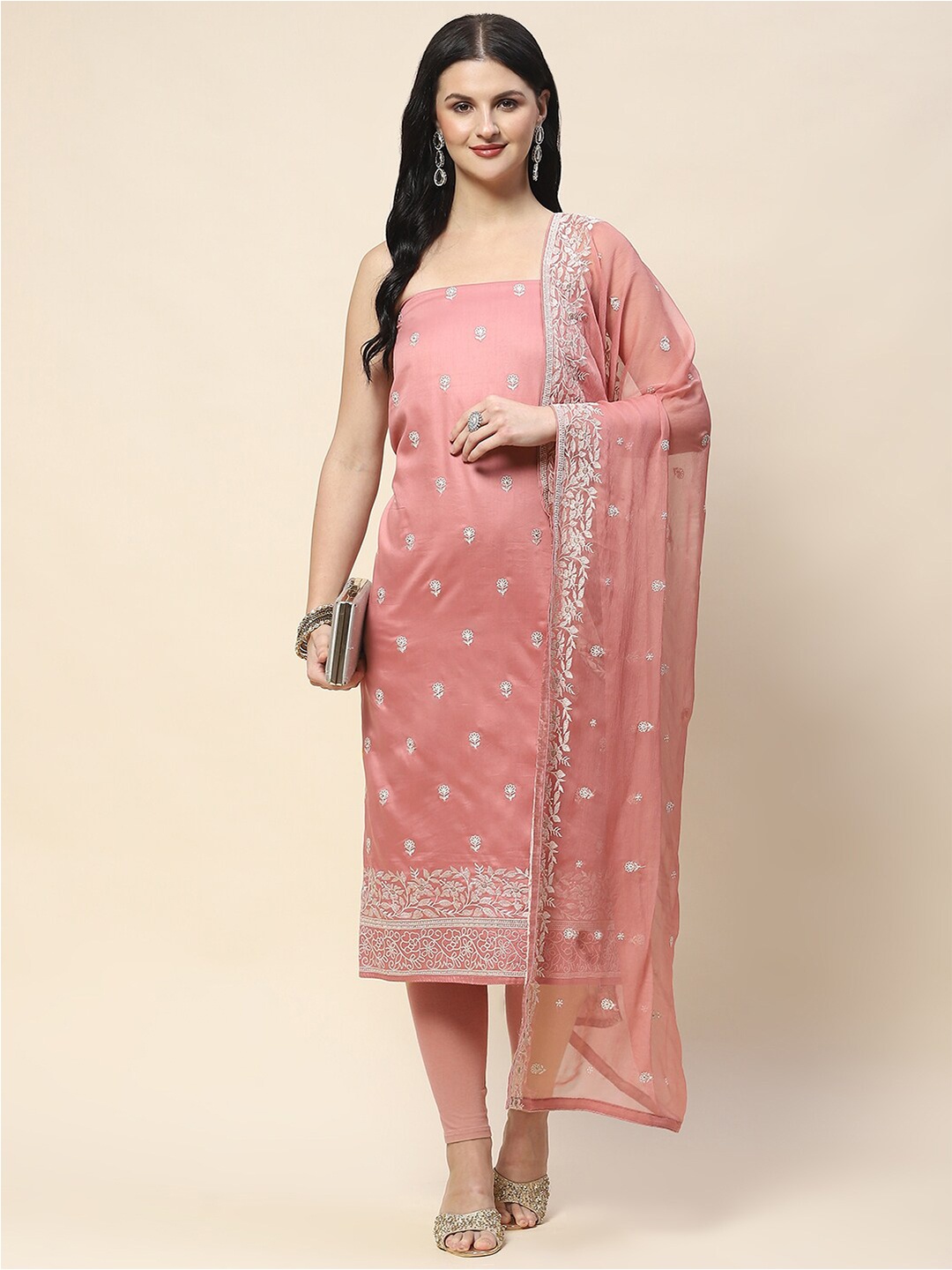 

Meena Bazaar Ethnic Motifs Embroidered Thread Work Detailed Unstitched Dress Material, Pink