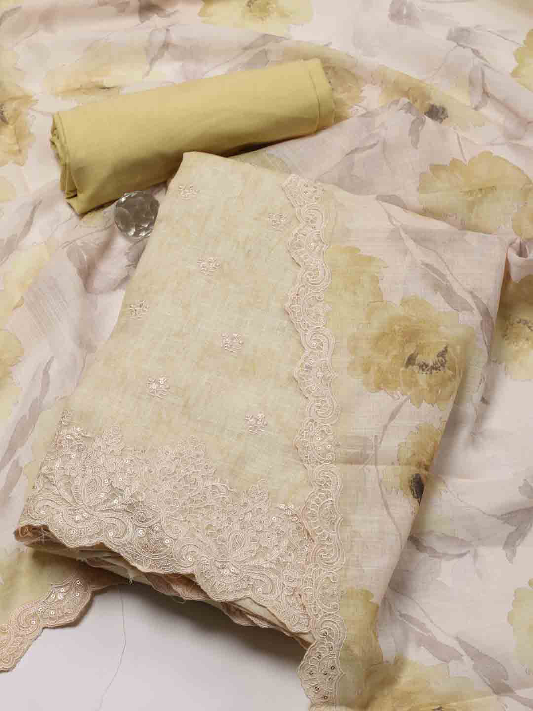 

Meena Bazaar Ethnic Motifs Embroidered Thread Work Detail Linen Unstitched Dress Material, Yellow