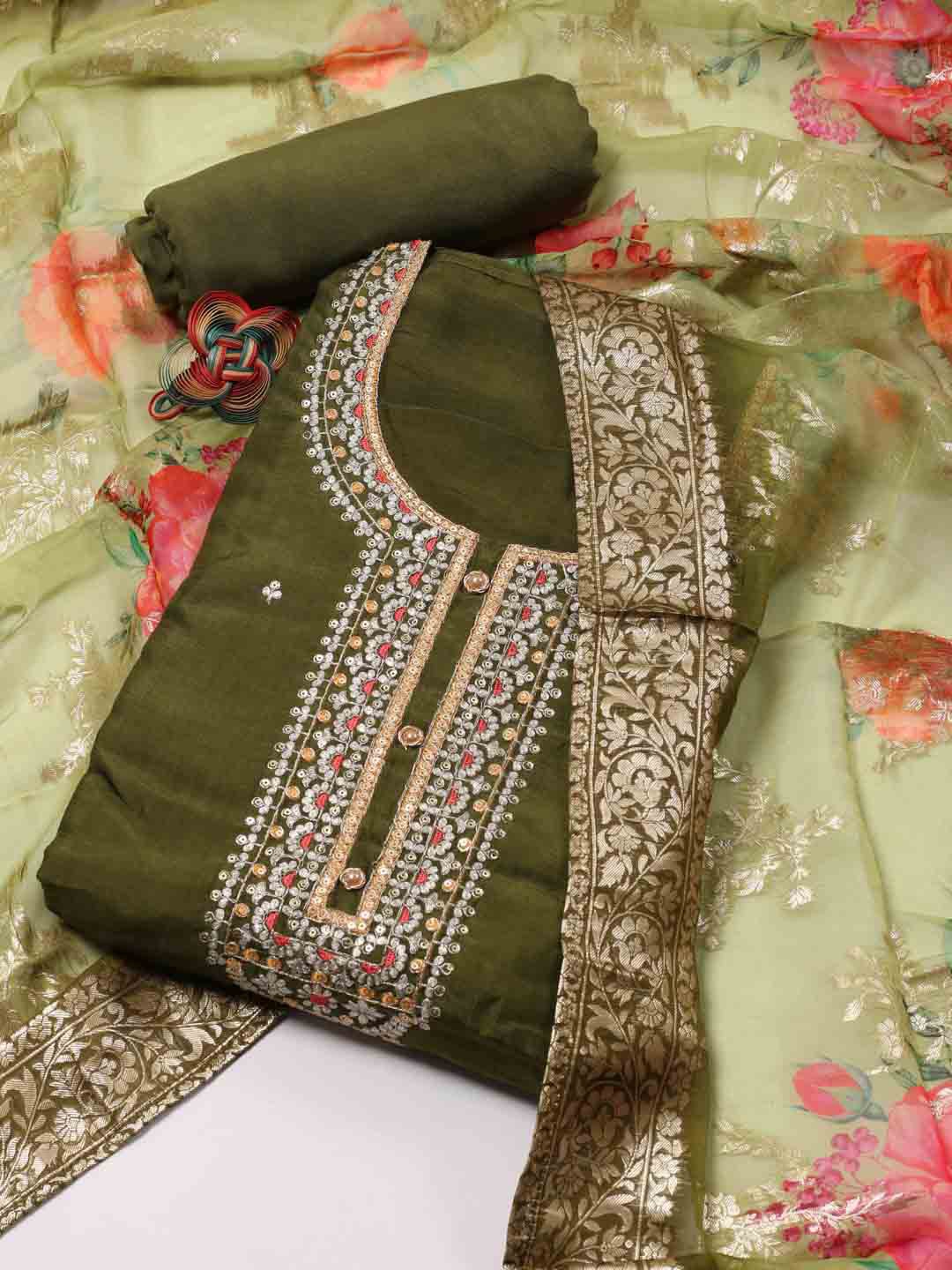 

Meena Bazaar Embroidered Chanderi Unstitched Dress Material, Green