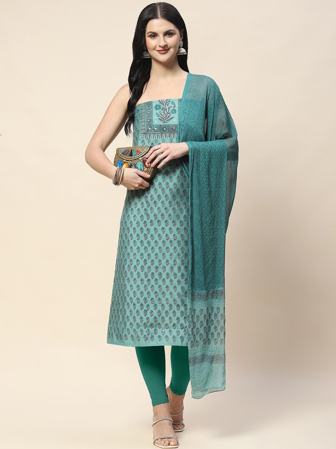 

Meena Bazaar Floral Printed Mirror Work Unstitched Dress Material, Green
