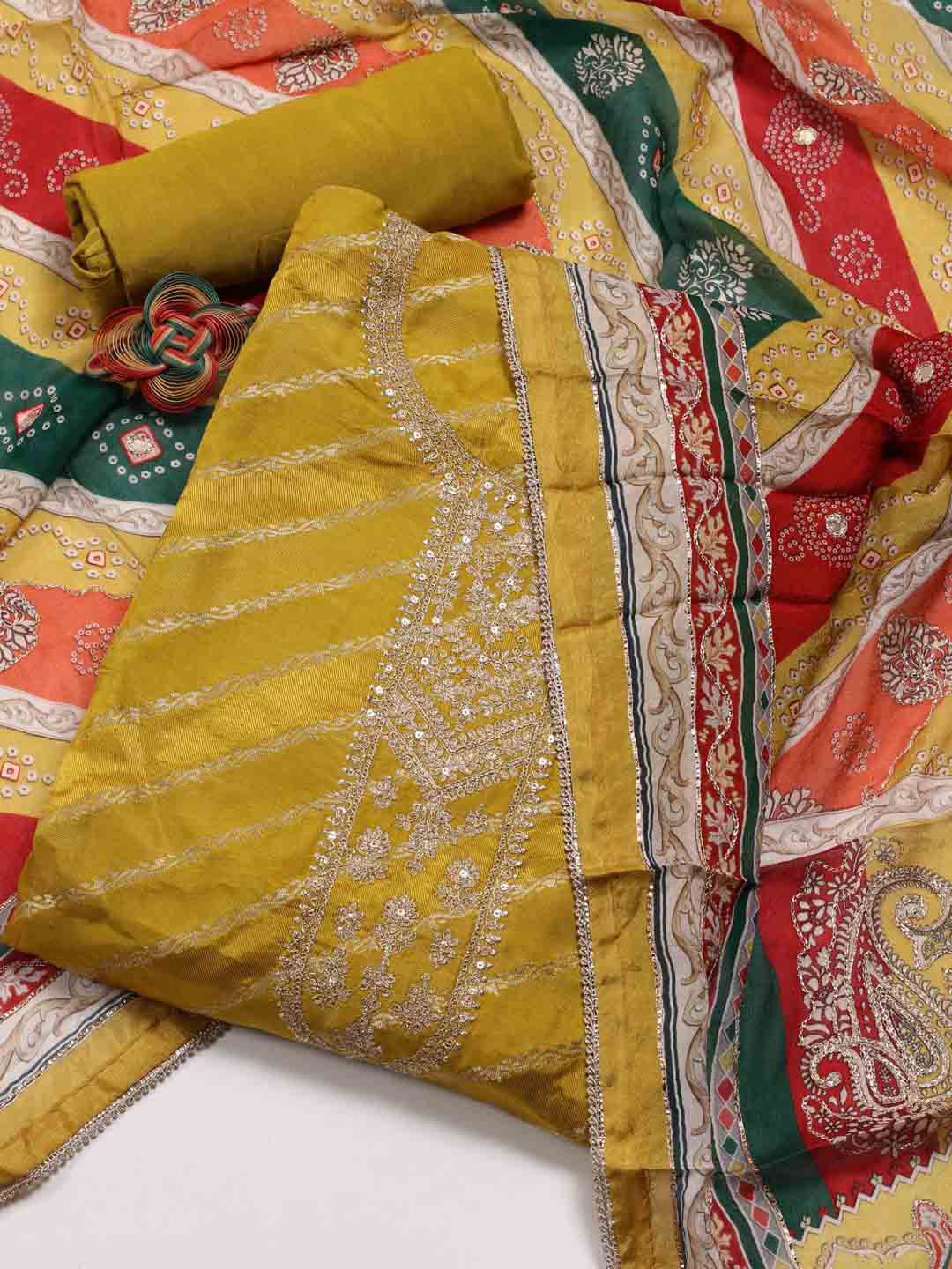 

Meena Bazaar Woven Design Chanderi Unstitched Dress Material, Mustard
