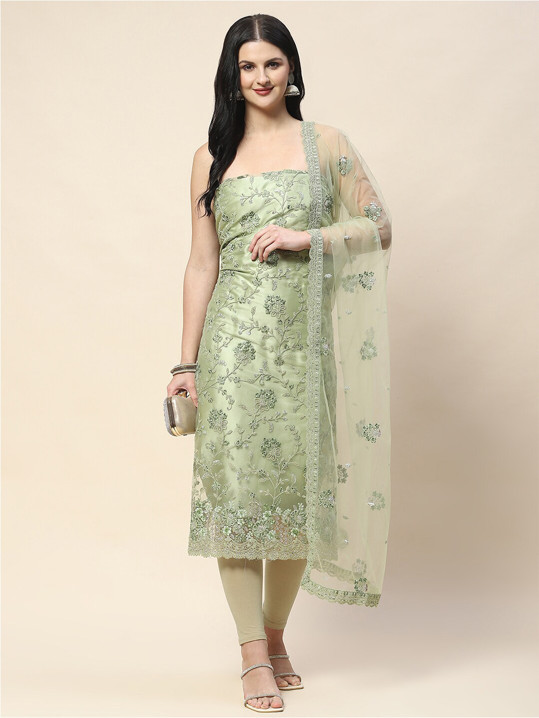 

Meena Bazaar Embroidered Net Unstitched Dress Material, Green