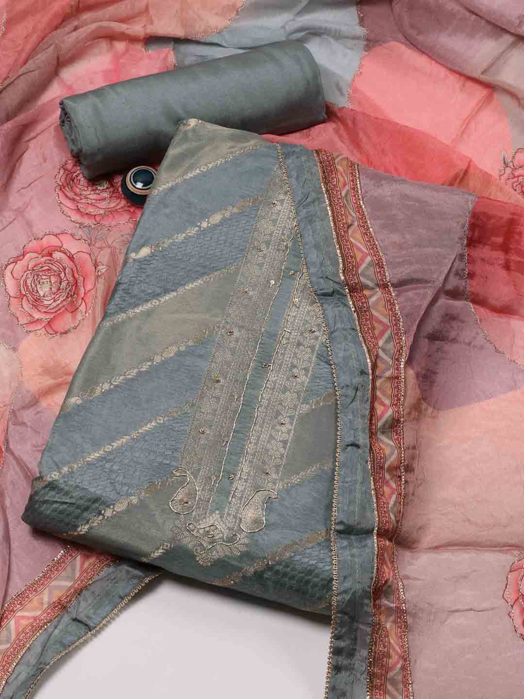 

Meena Bazaar Woven Design Chanderi Unstitched Dress Material, Sea green