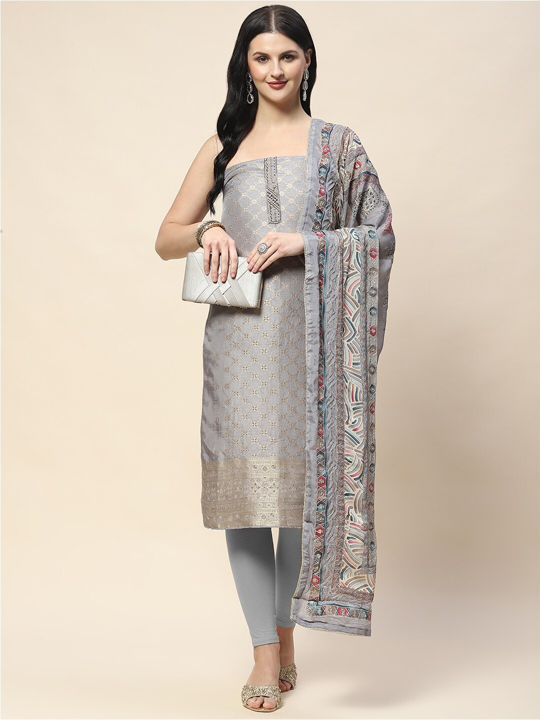 

Meena Bazaar Woven Design Chanderi Unstitched Dress Material, Grey