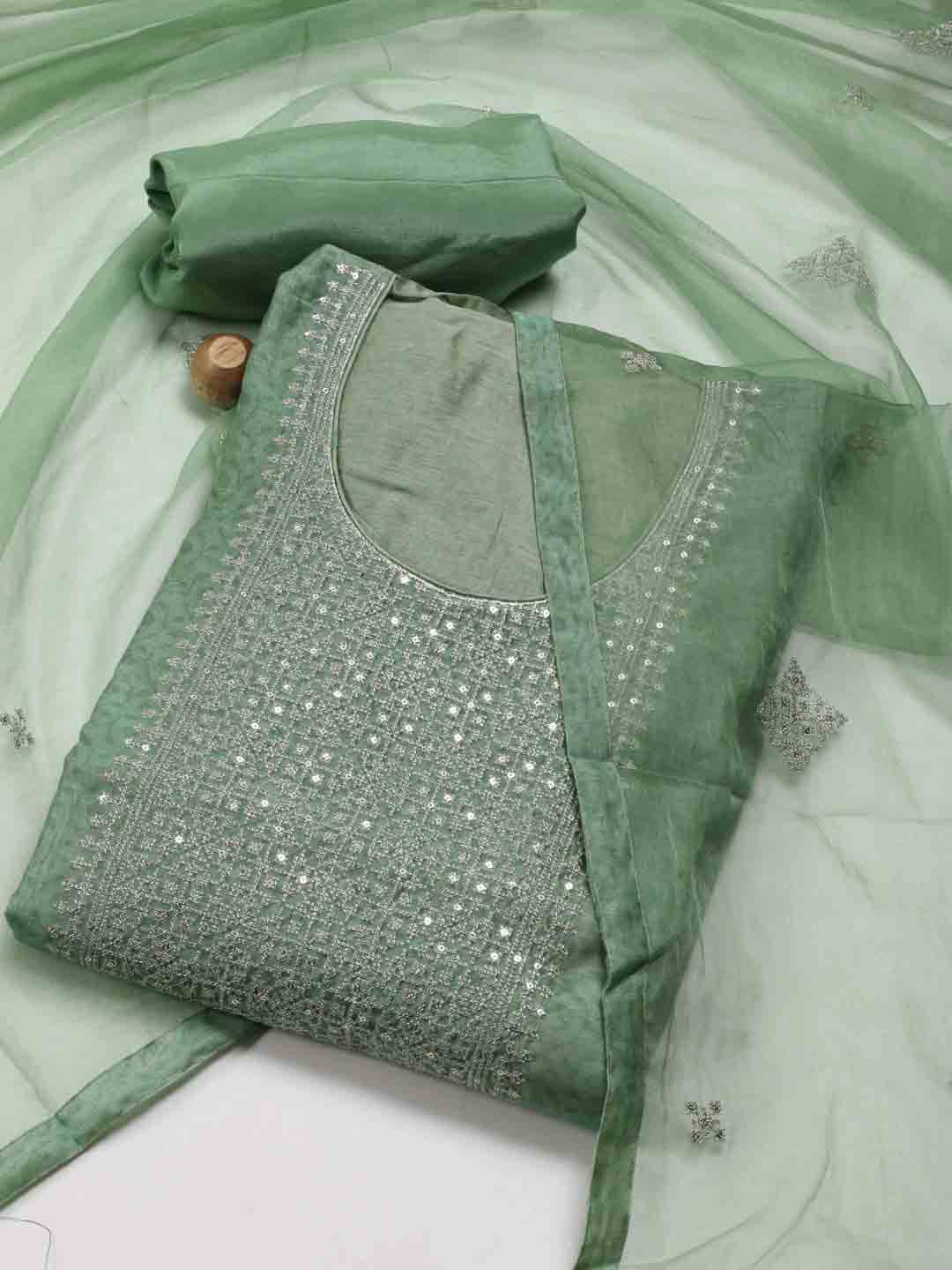 

Meena Bazaar Ethnic Motifs Embroidered Sequinned Chanderi Silk Unstitched Dress Material, Green