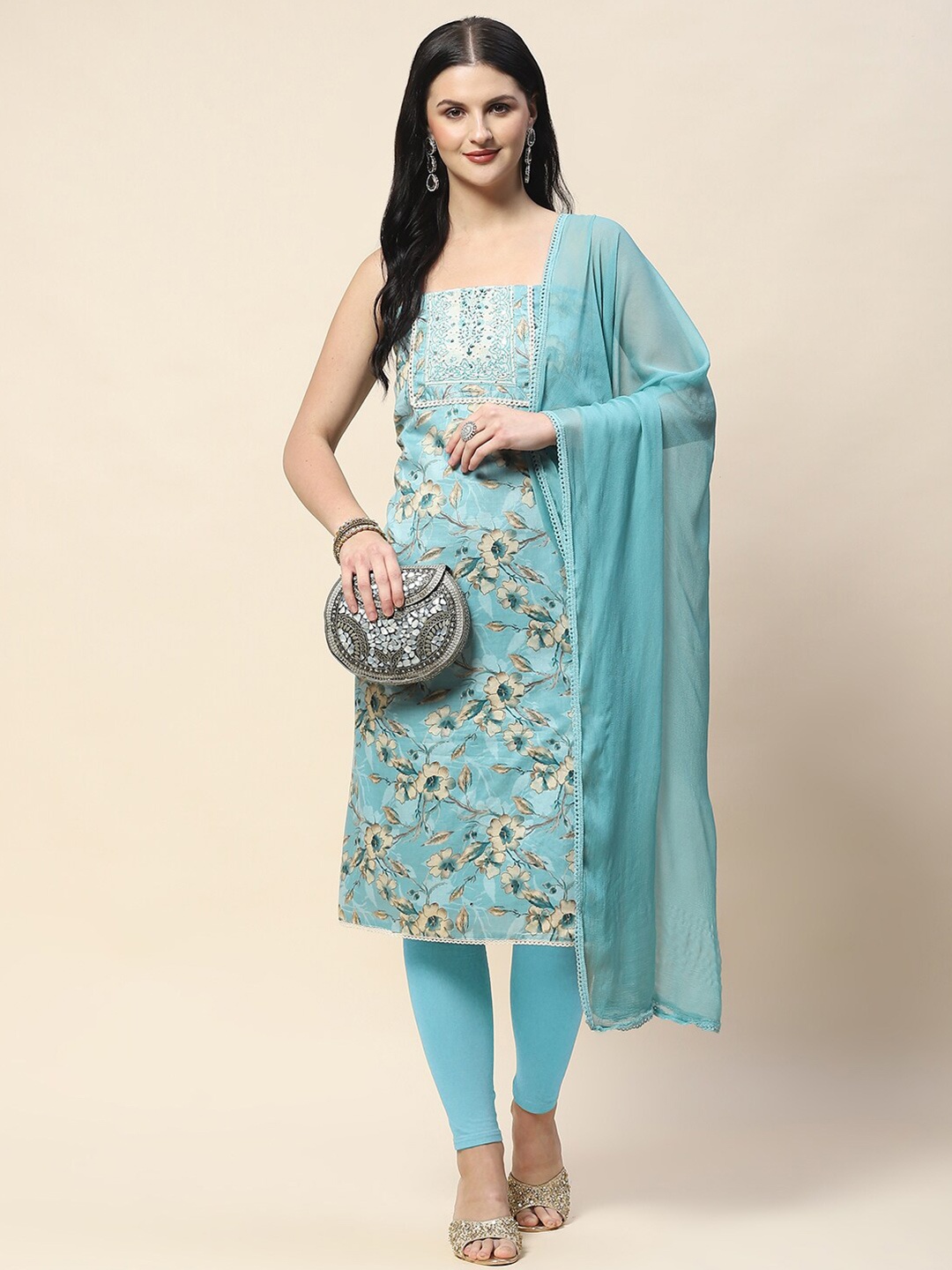 

Meena Bazaar Printed Unstitched Dress Material, Blue