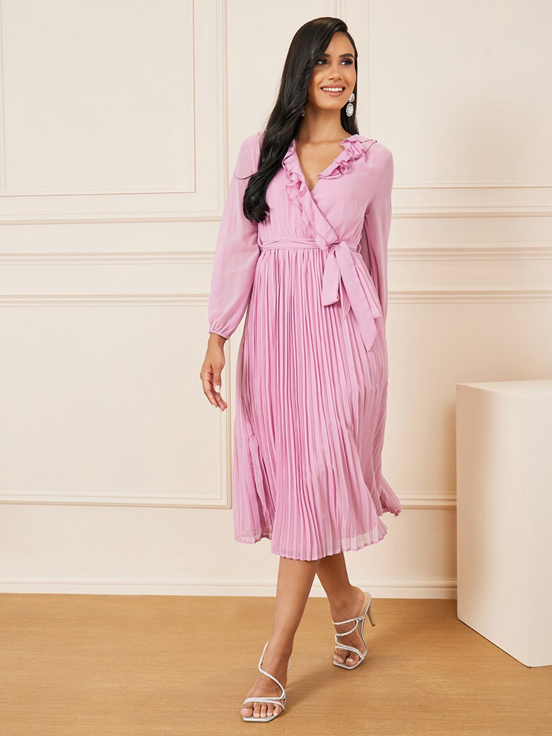 Styli Striped Long Sleeves Midi Dress, Pink