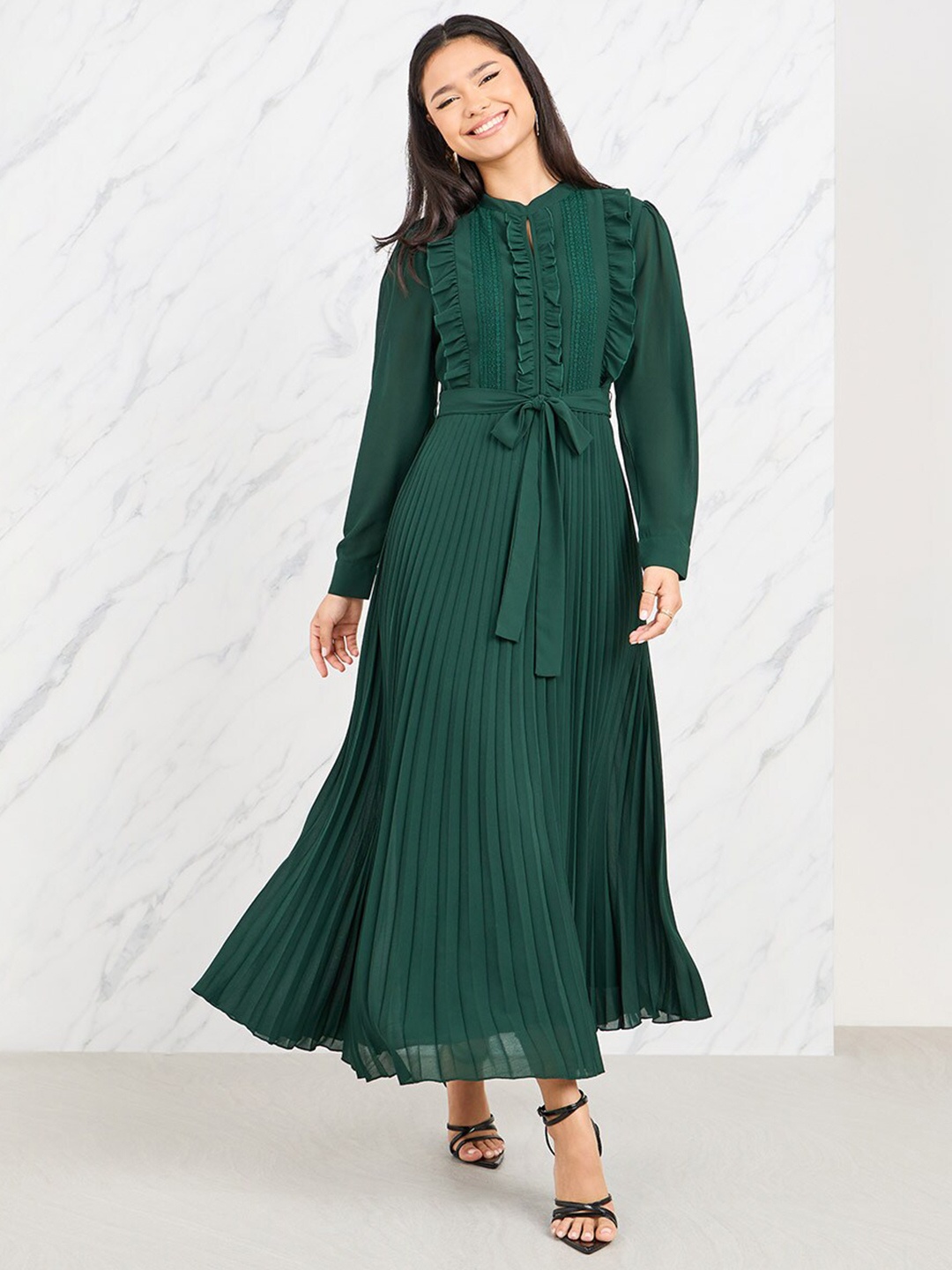 

Styli Women Accordion Pleated A-Line Maxi Dress with Lace Insert, Green