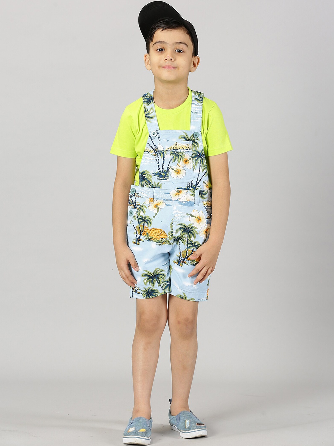 

KiddoPanti Boys Tropical Printed Twill Dungaree, Blue