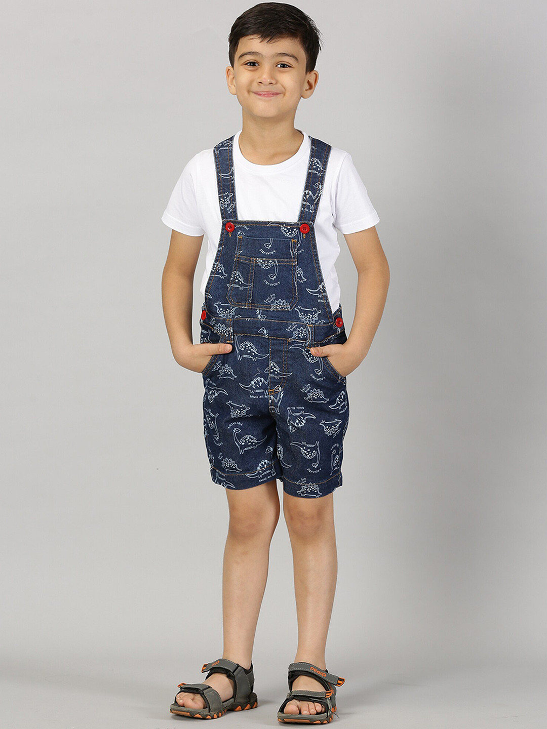 

KiddoPanti Boys Conversational Printed Denim Dungaree With T-Shirt, Blue