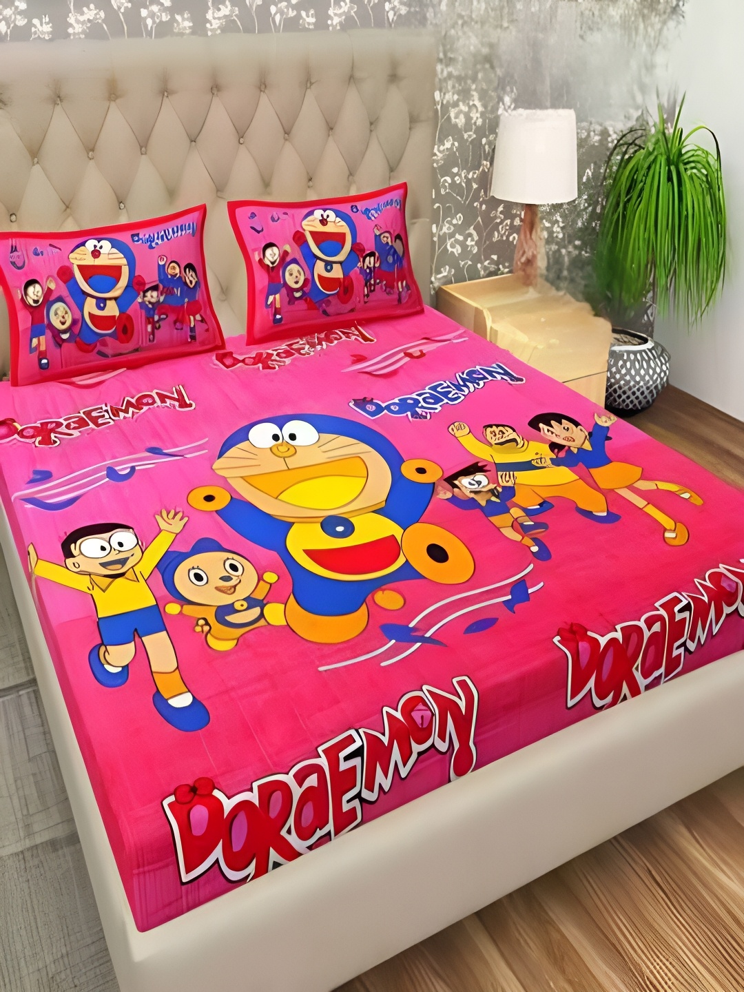 

Runjhun Pink & Blue Cartoon Characters Cotton 144 TC Queen Bedsheet Set