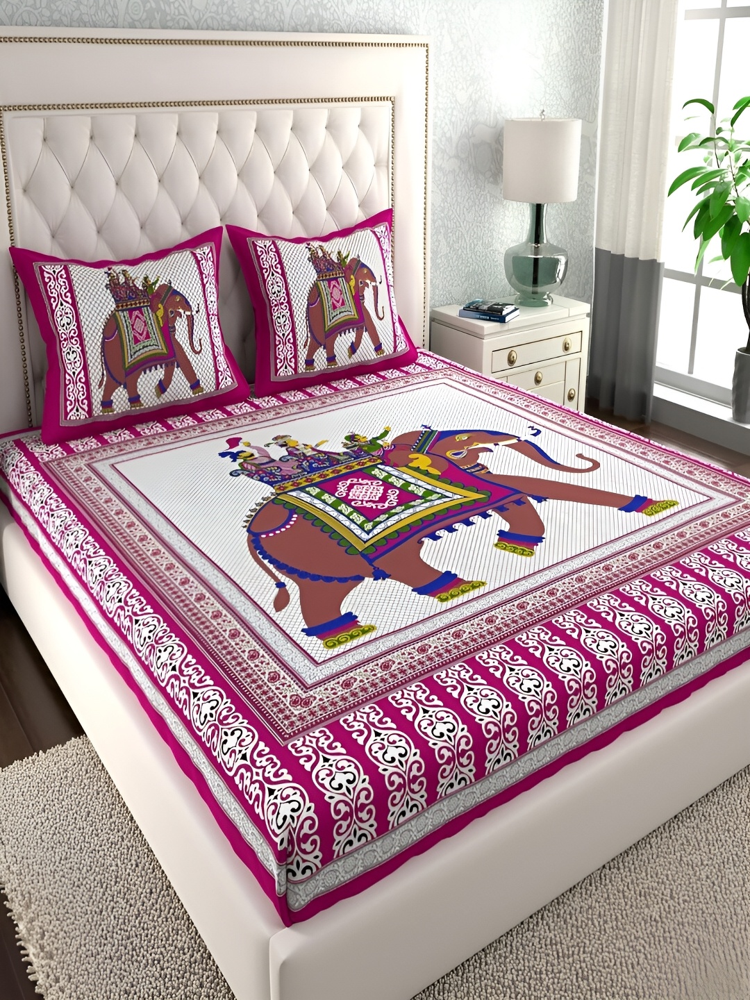 

Runjhun Pink & White Ethnic Motifs 144 TC Queen Bedsheet Set